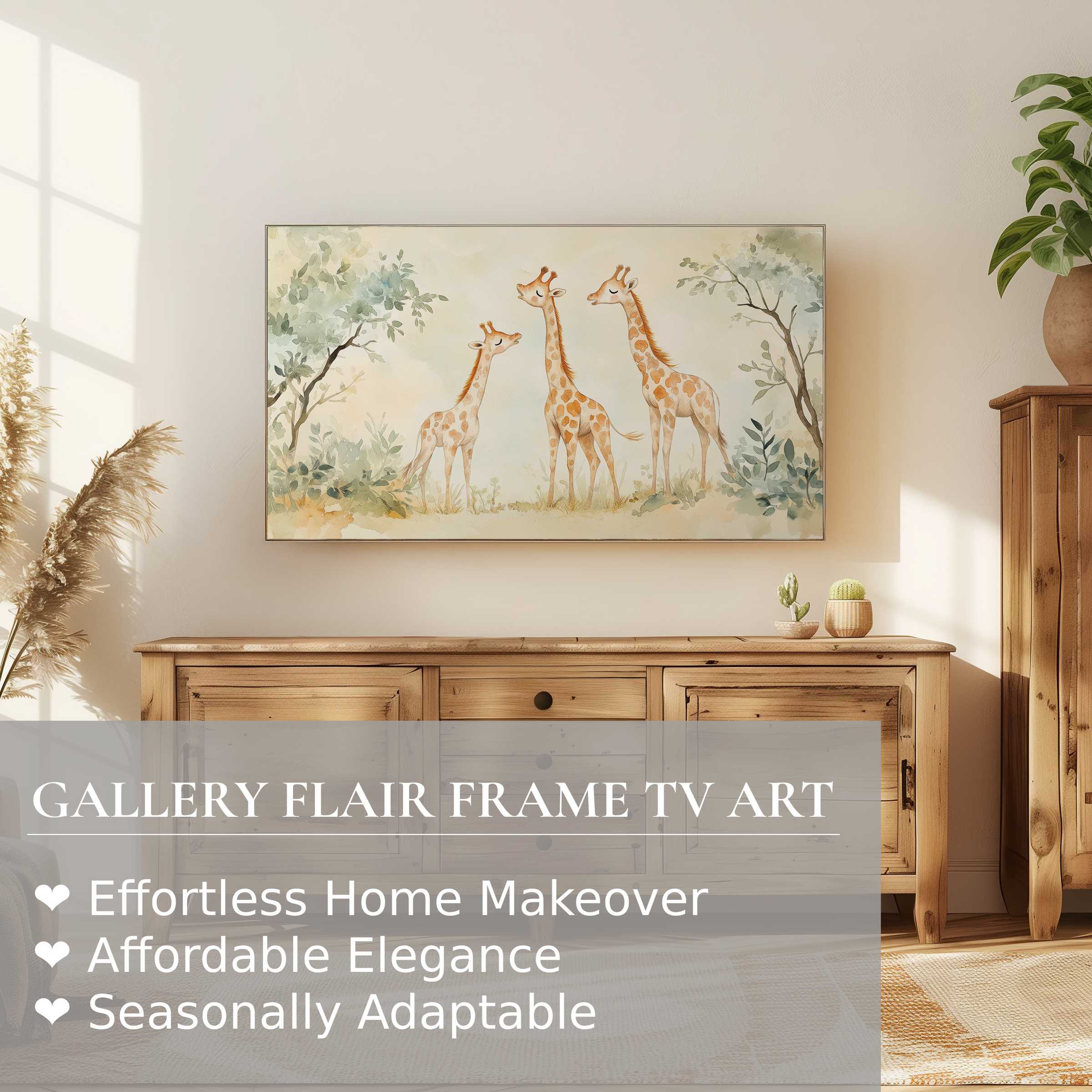 Samsung Frame TV displaying serene nursery digital artwork of giraffes in a soft, modern natural setting