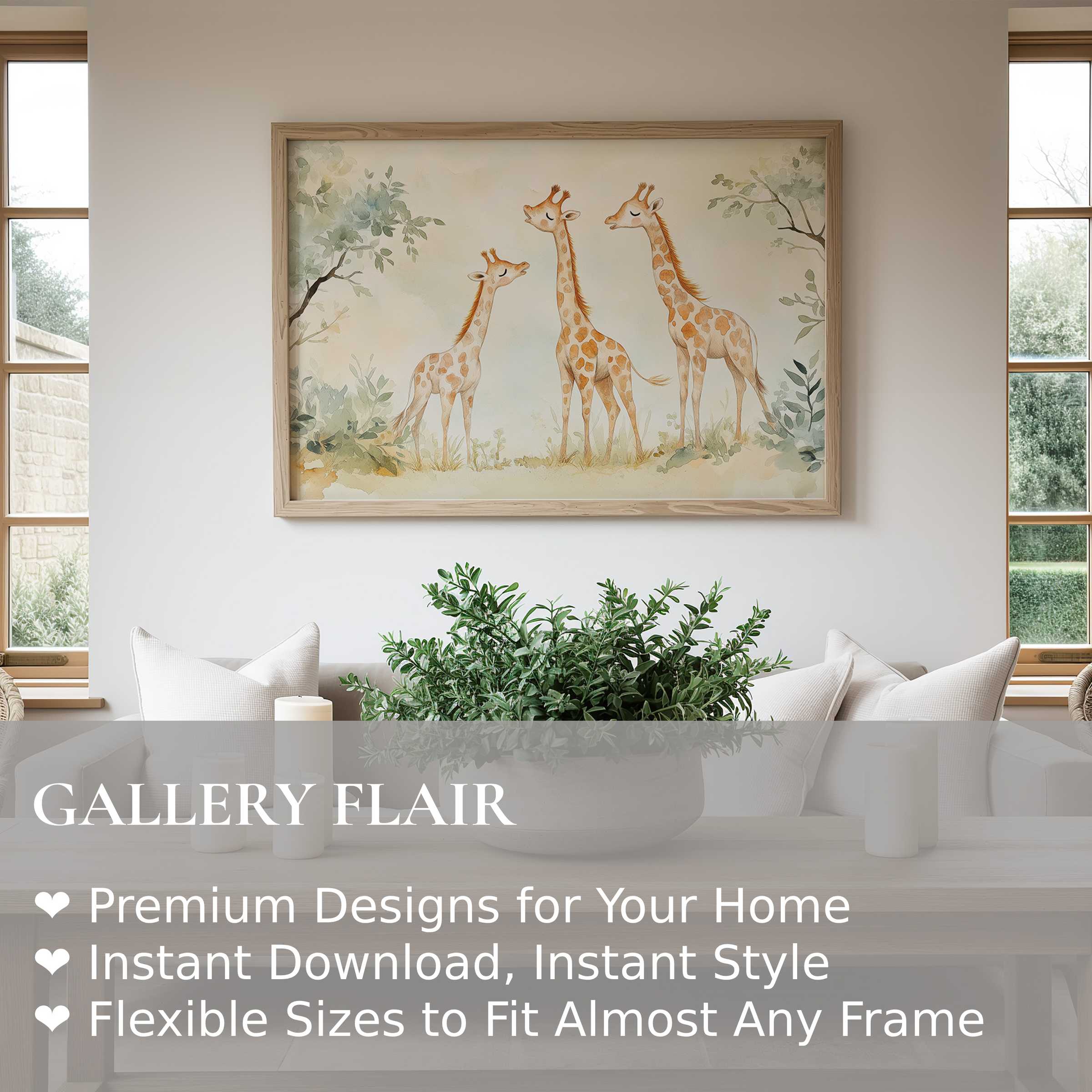 Nursery wall art print featuring gentle watercolor giraffes in soft, calming tones, elevating modern minimalist nursery decor with warmth