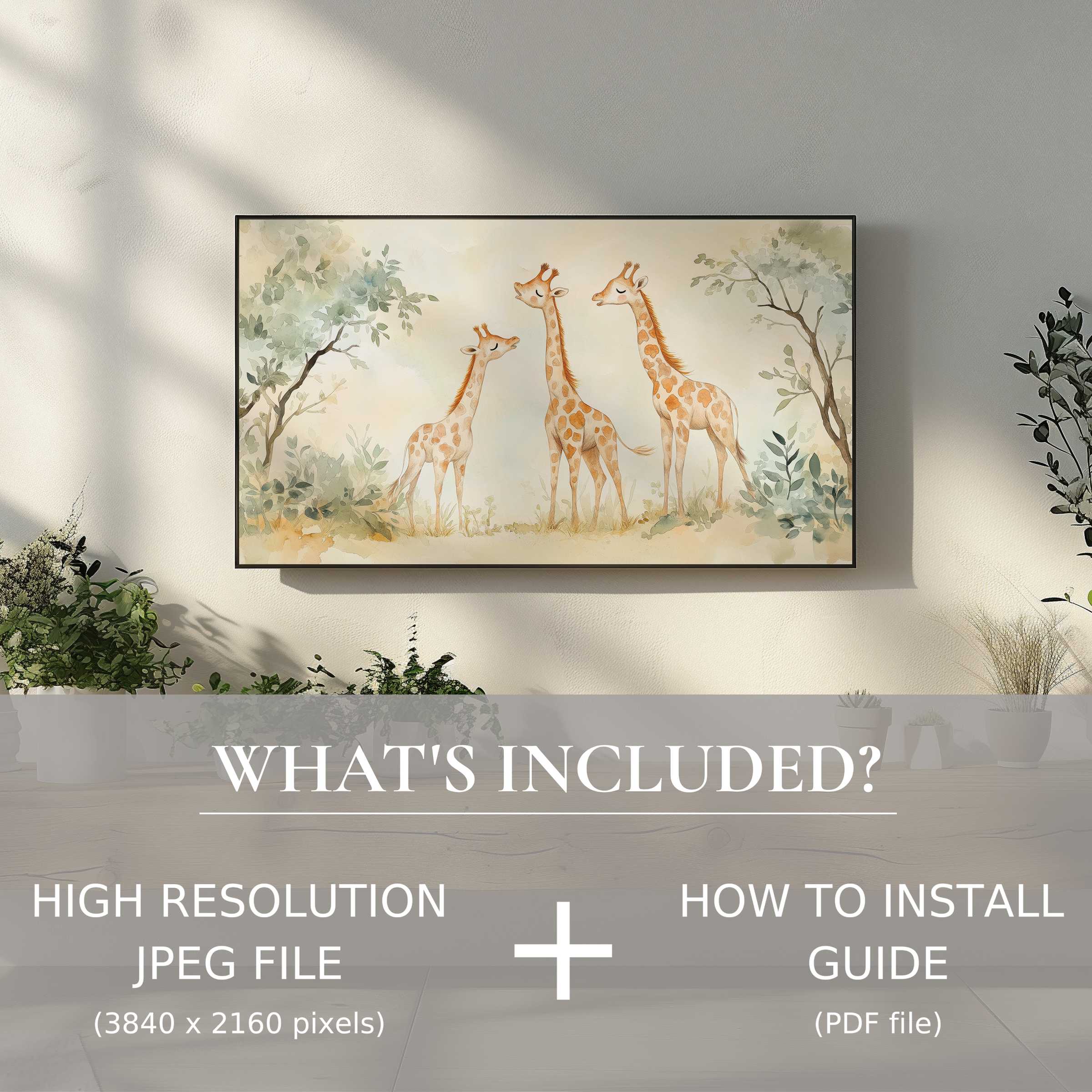 Elegant nursery digital TV art download featuring gentle giraffes, easily enhancing any room with simple digital use