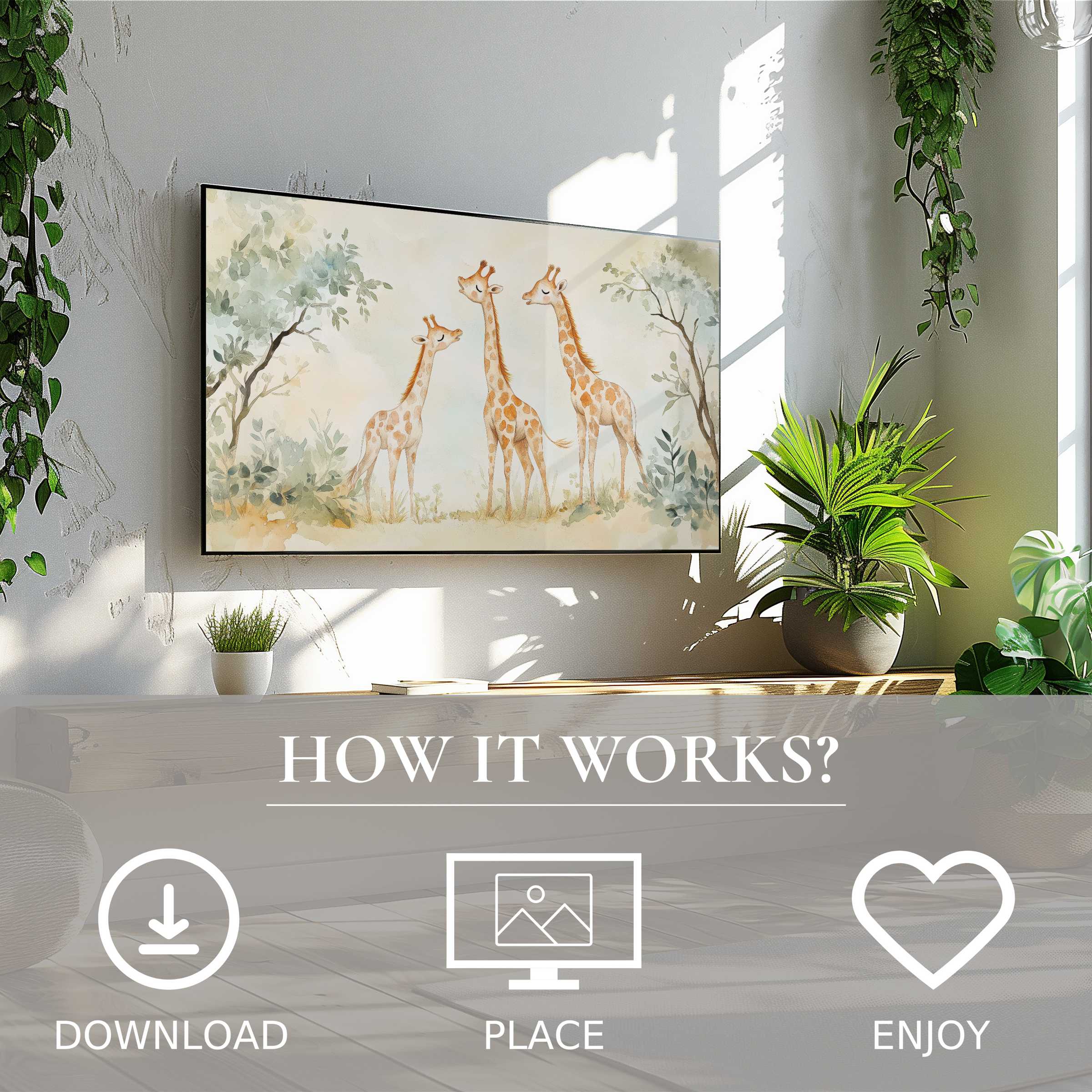 Nursery art for Samsung TV with soft sunset tones of giraffes, easy digital download enriching modern living spaces