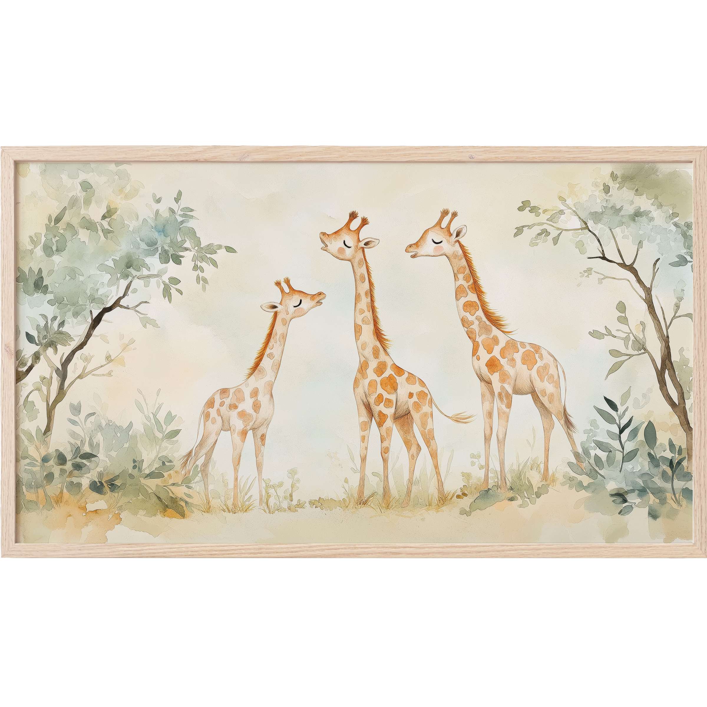 Elegant watercolor nursery Frame TV Art depicts three gentle giraffes in soft earthy tones and muted greens