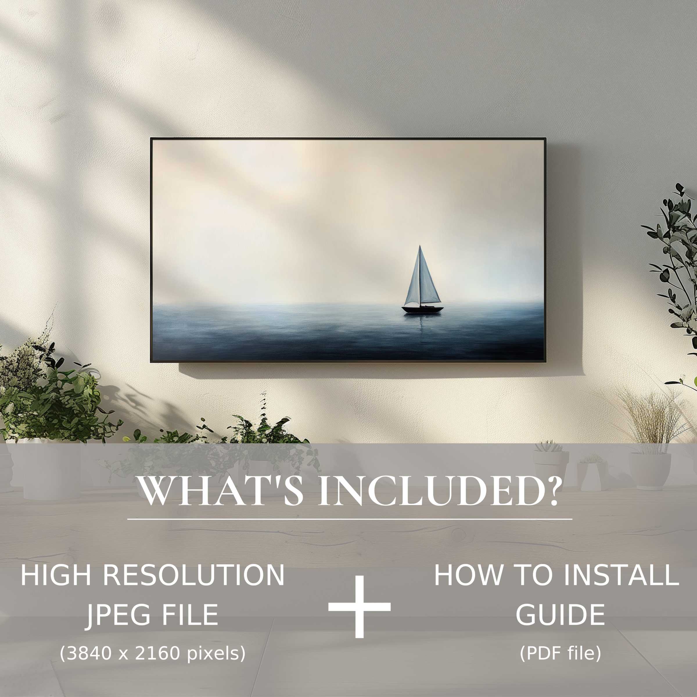 Minimalist digital TV art download of serene sailboat enhances modern living with easy digital use and sleek wall decor
