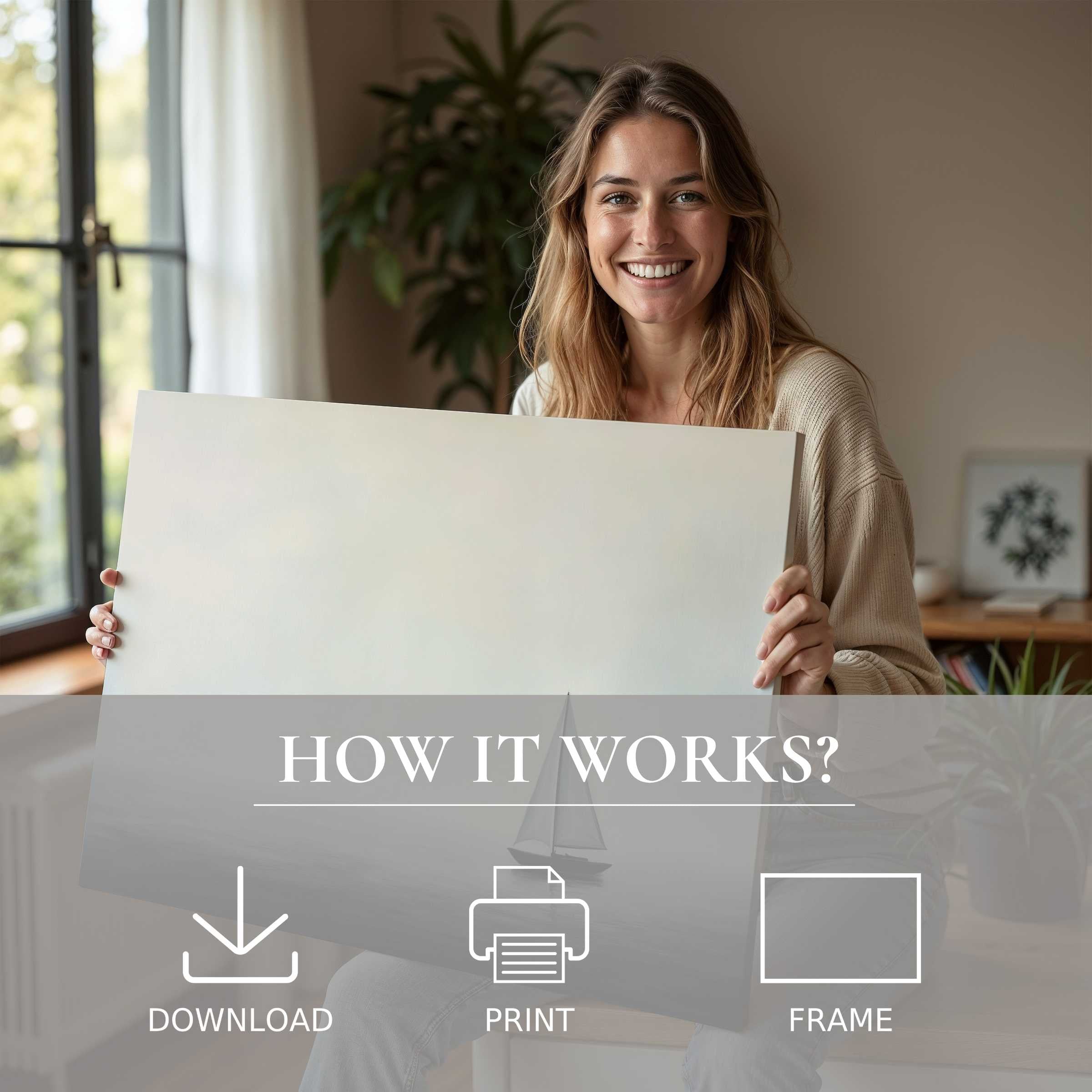 Radiating joy and calm, a modern woman embraces minimalist digital art print, embodying the effortless beauty of art in home living