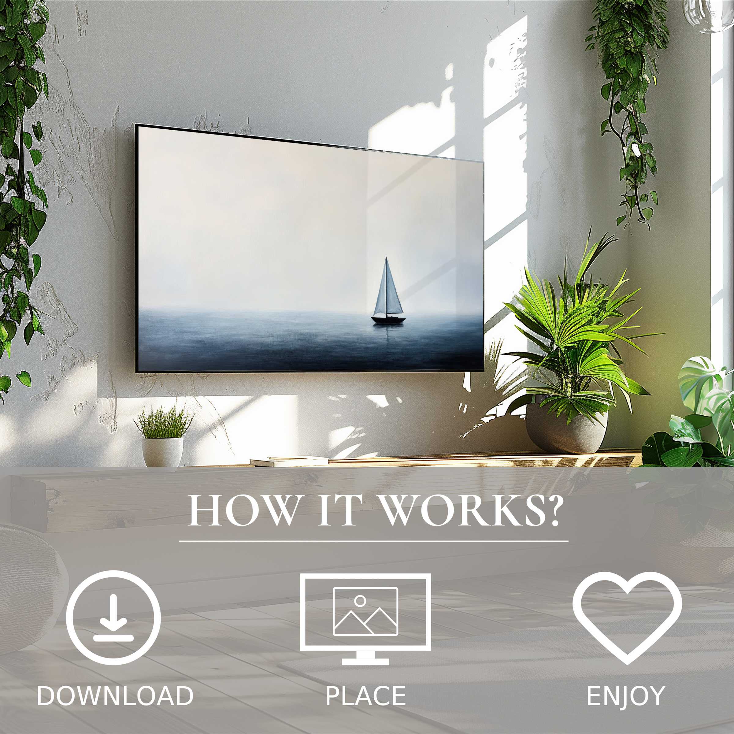 Minimalist art for Samsung TV showing a serene sailboat in soft blue tones; easy digital download enriches your space