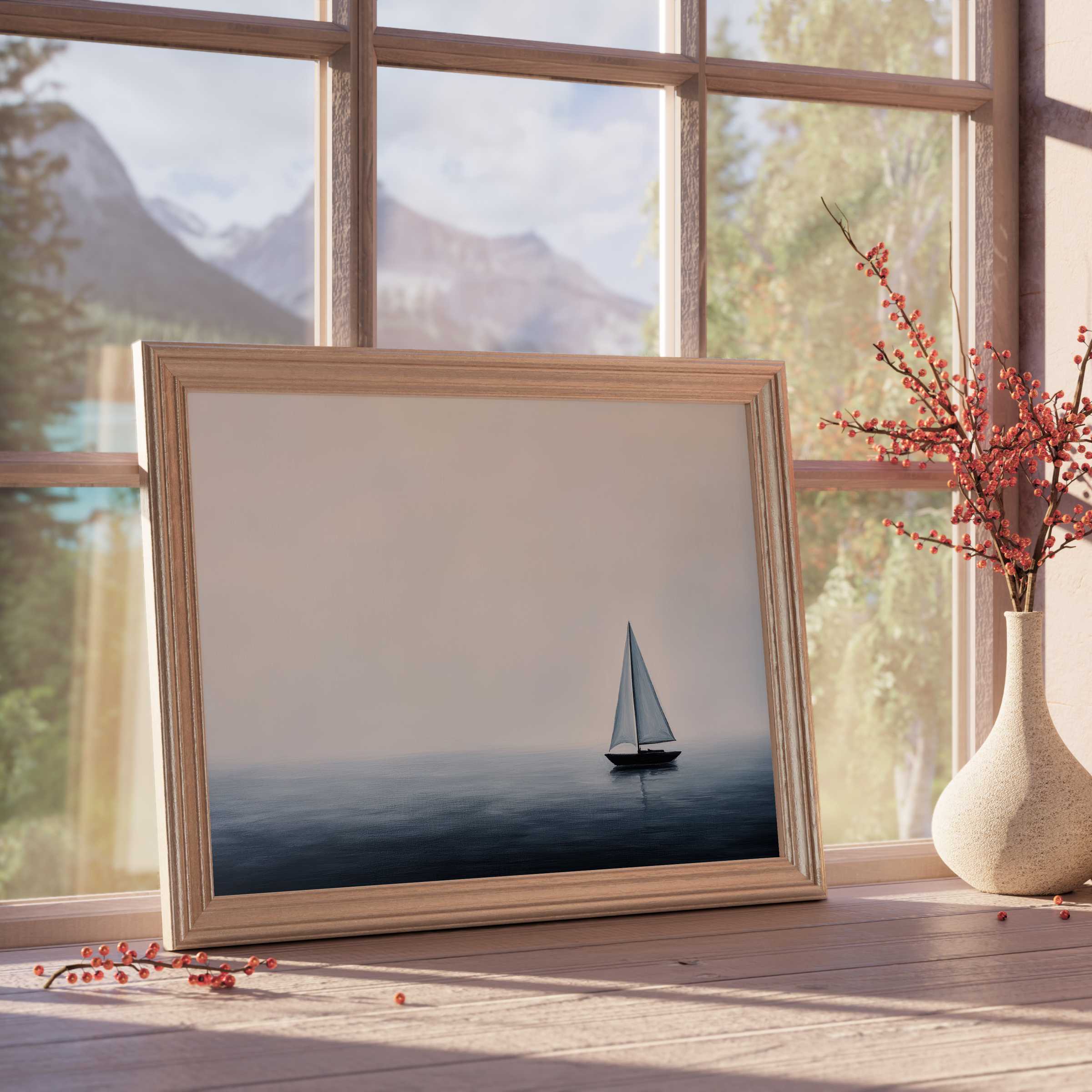 Minimalist downloadable art capturing serene ocean calm with a lone sailboat, elevating tranquil, design-forward interiors