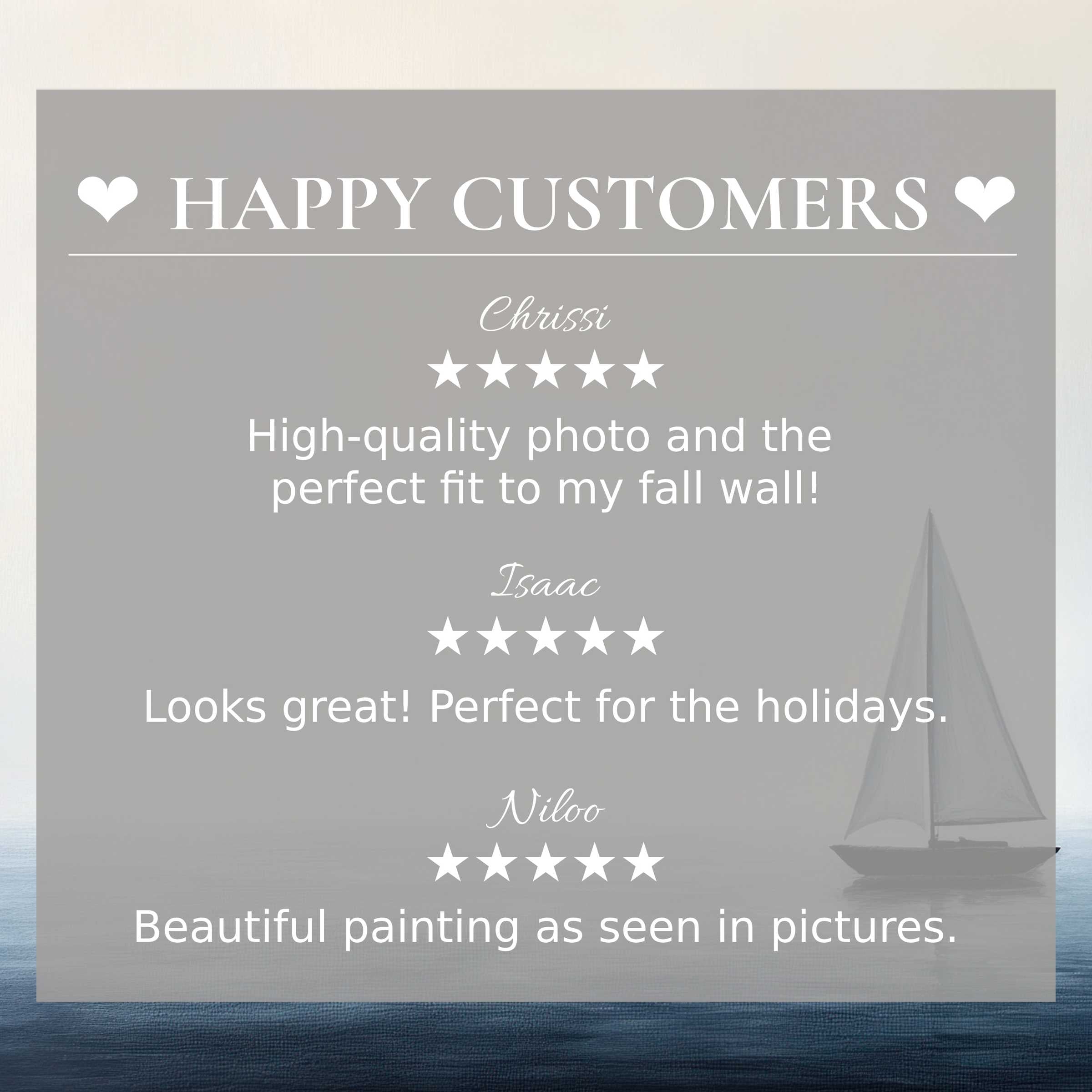 Minimalist art for Frame TV with serene ocean tones and sailboat; happy customer reviews build trust and showcase elegance