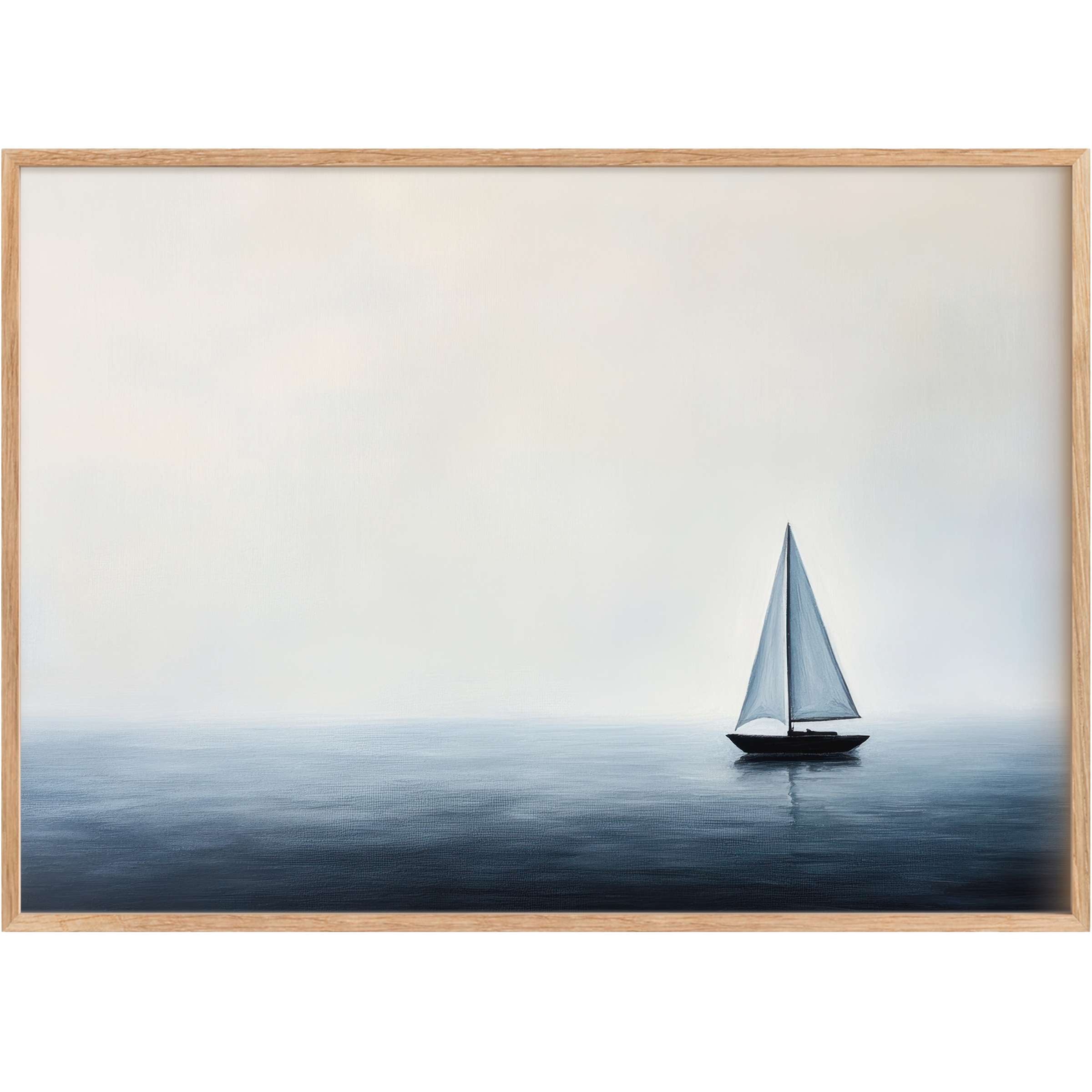 Serene minimalist printable wall art capturing a lone sailboat on tranquil blue-gray waters, evoking calm and clarity