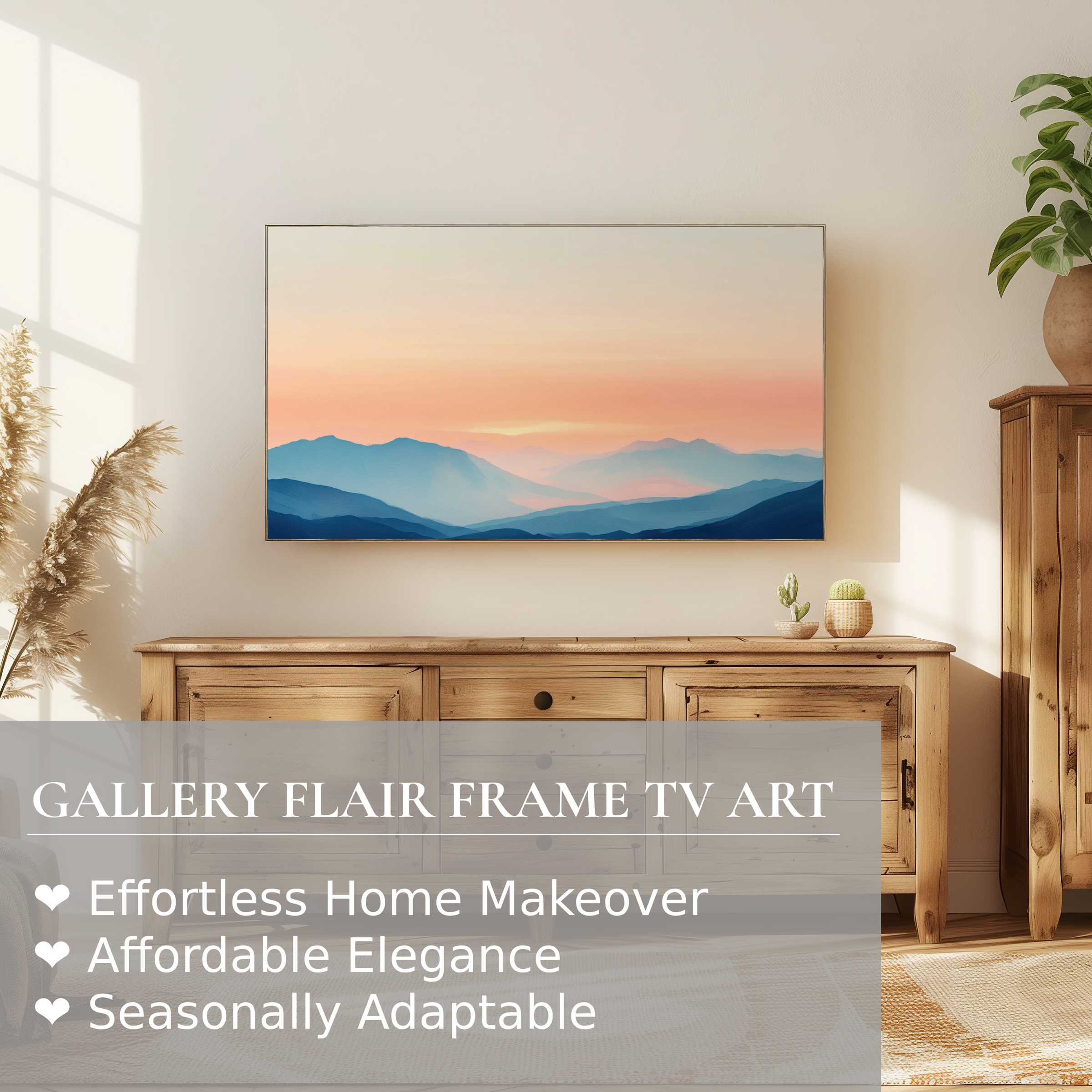 Samsung Frame TV displaying neutral digital artwork of serene mountains, enhancing a modern, elegant living space