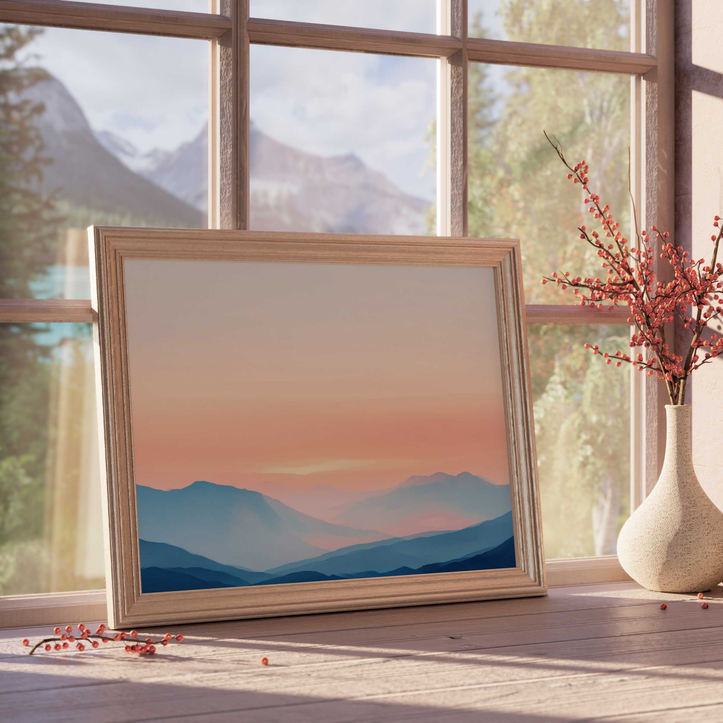 Tranquil neutral downloadable art featuring soft blue mountains and warm peach skies, perfect for serene, modern home decor