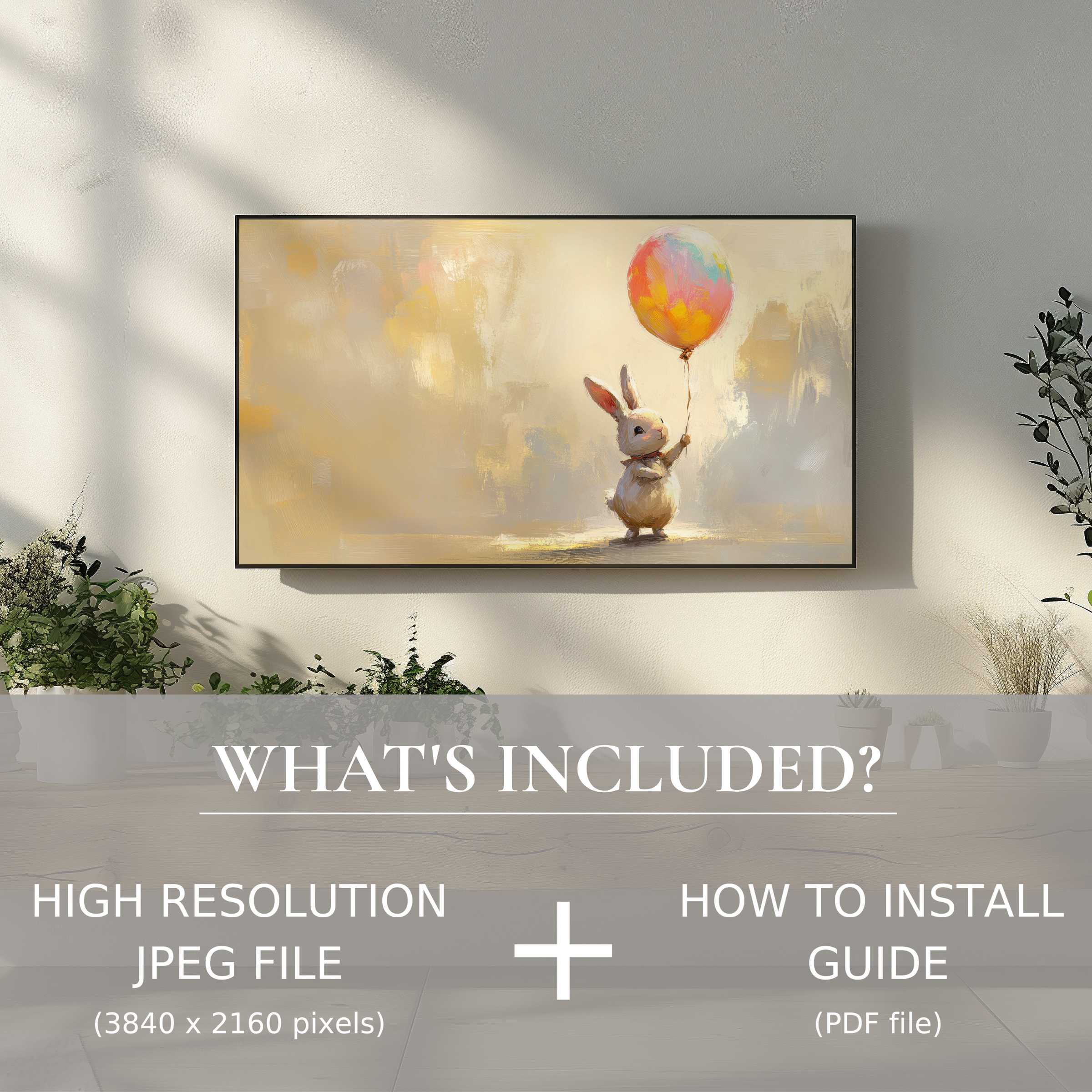 Elegant living room with easter digital TV art download, easy digital use enhances space with charming bunny art