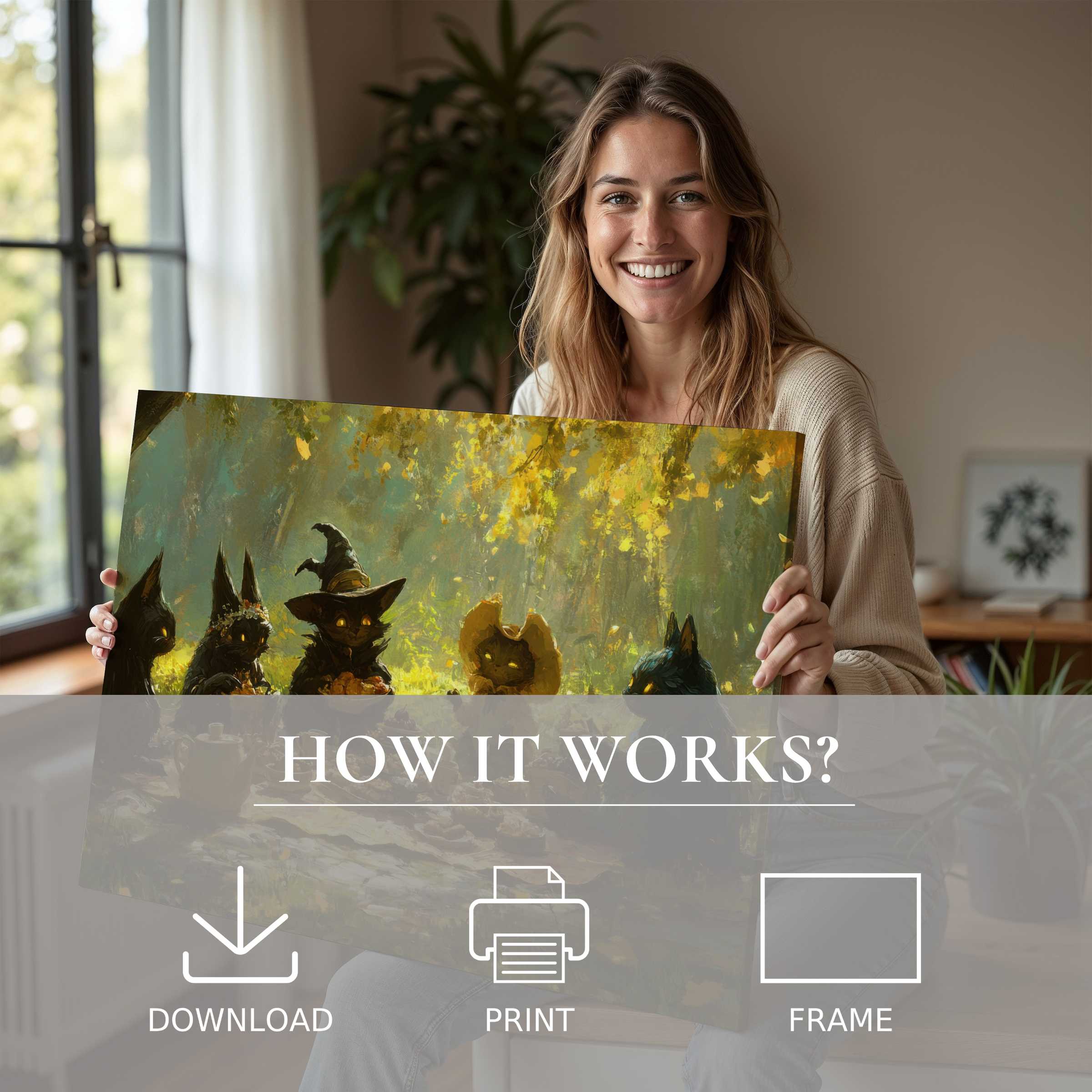 Woman radiates warm delight in a sunlit room, embracing a Halloween digital art print that evokes magical autumnal serenity