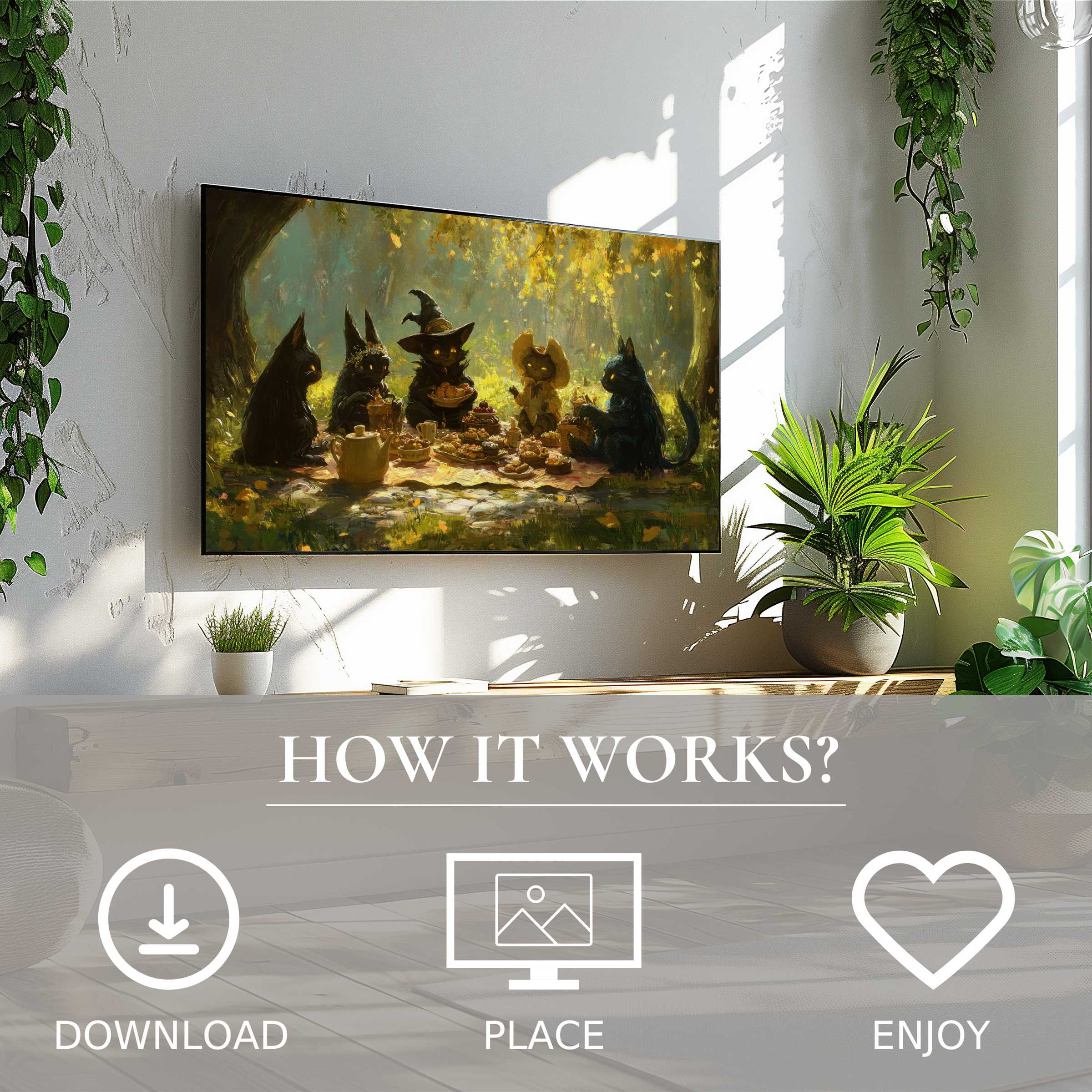 Halloween art for Samsung TV shows warm autumn hues with playful black cats, easy digital download enriches living spaces