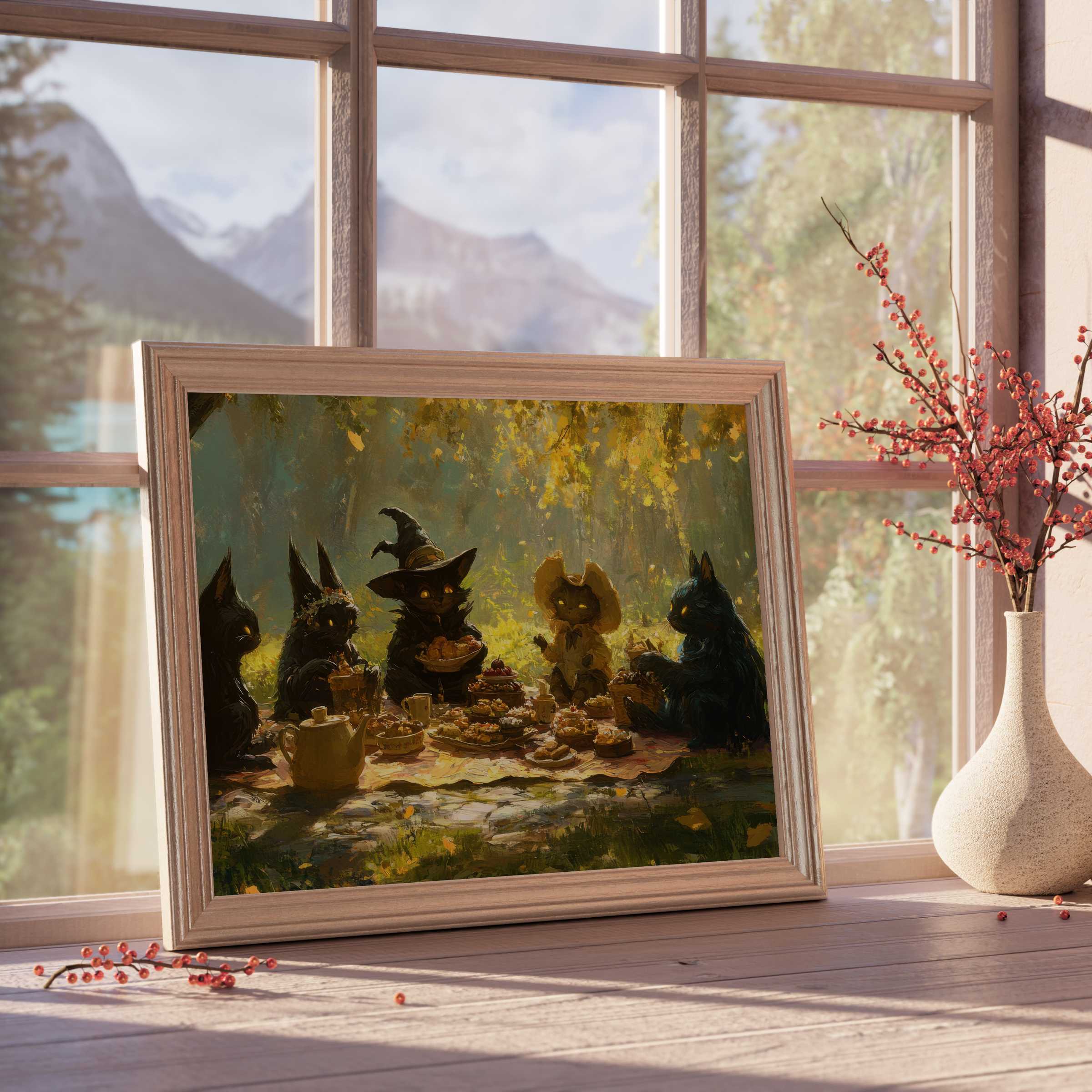 Enchanting halloween downloadable art capturing a whimsical forest tea party of mystical black cats, perfect for curated, tranquil interiors