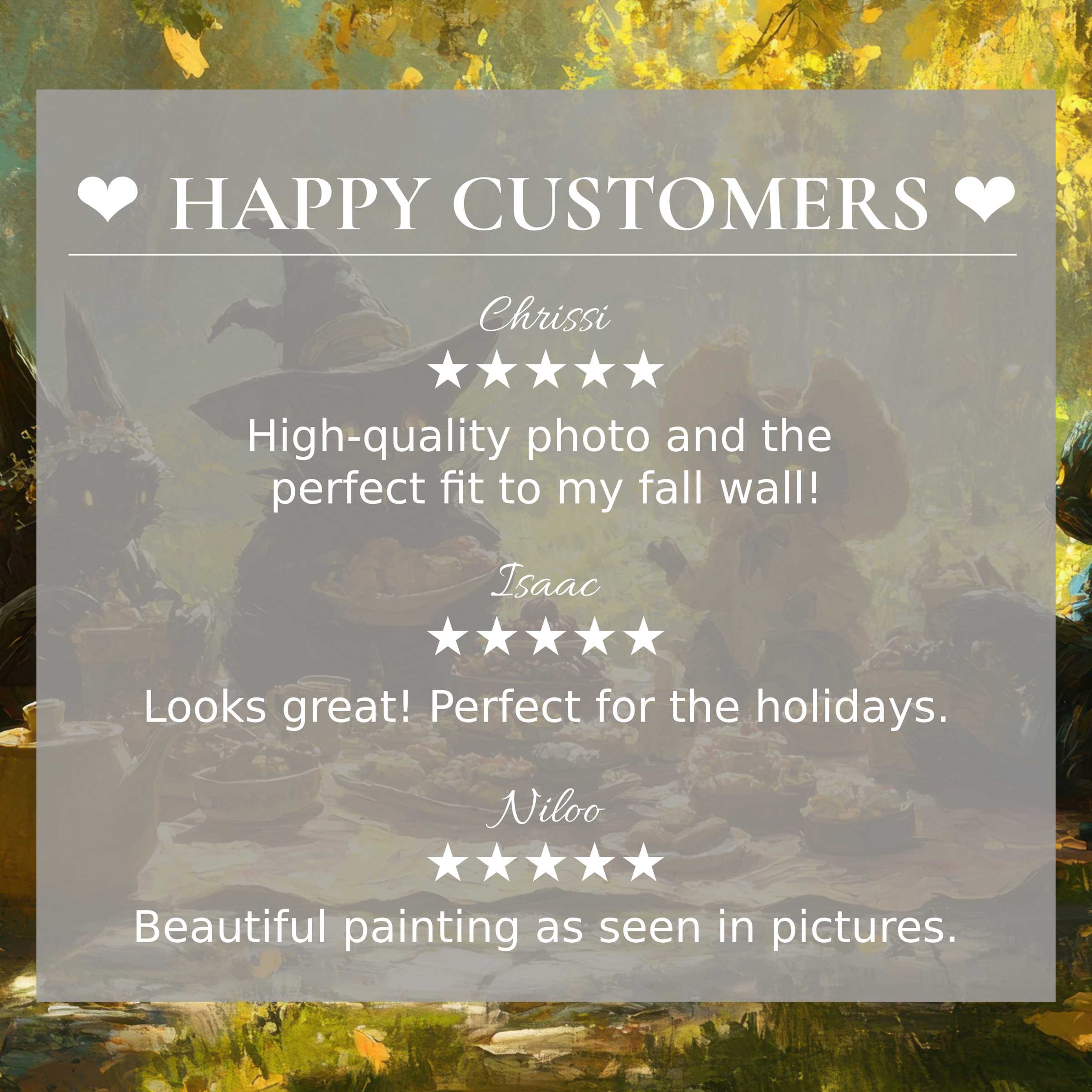 Modern happy customer reviews overlay soft autumnal yellow-green halloween art for Frame TV, showcasing elegance and trust