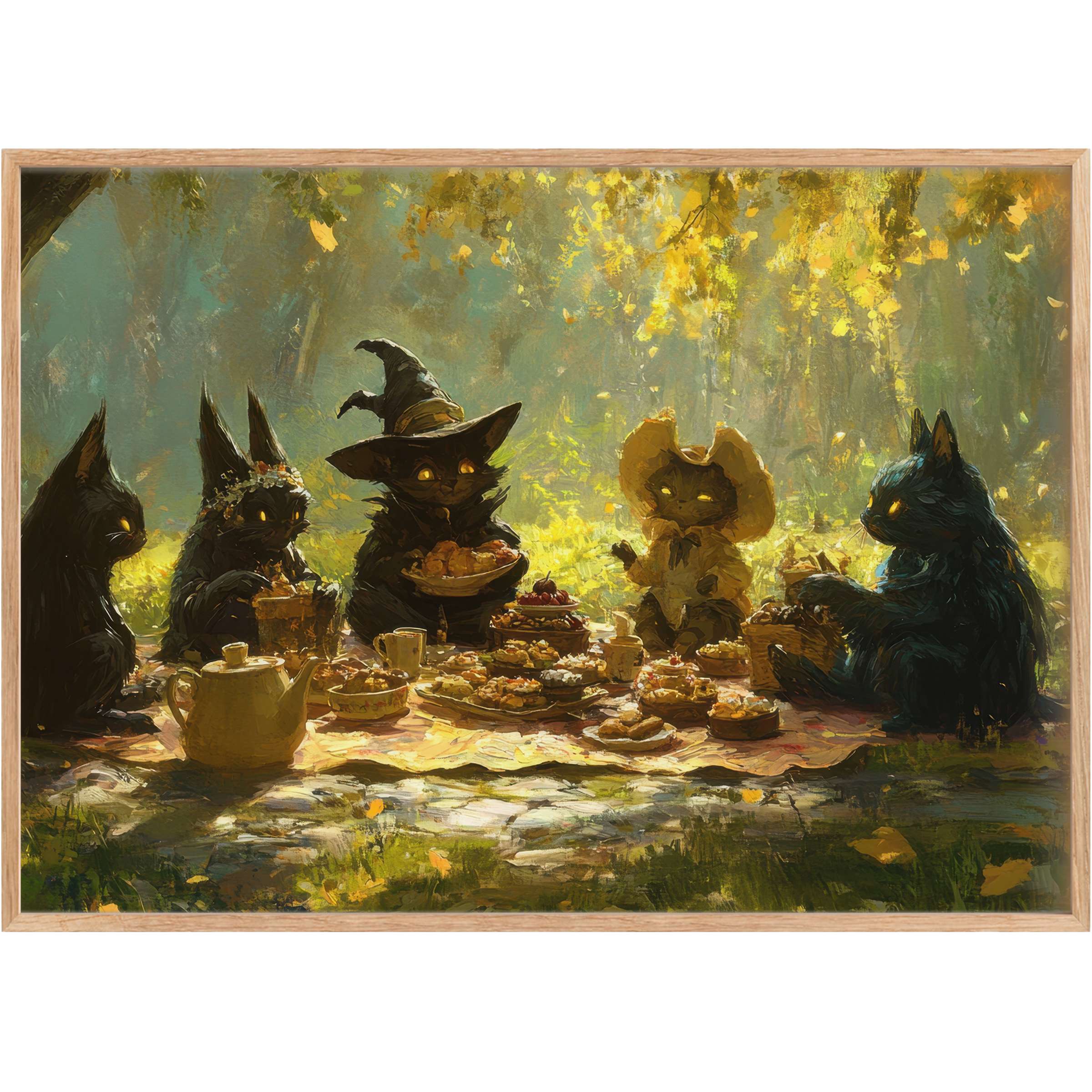 Enchanting halloween printable wall art features whimsical black cats in autumnal amber light, creating a warm, magical gathering