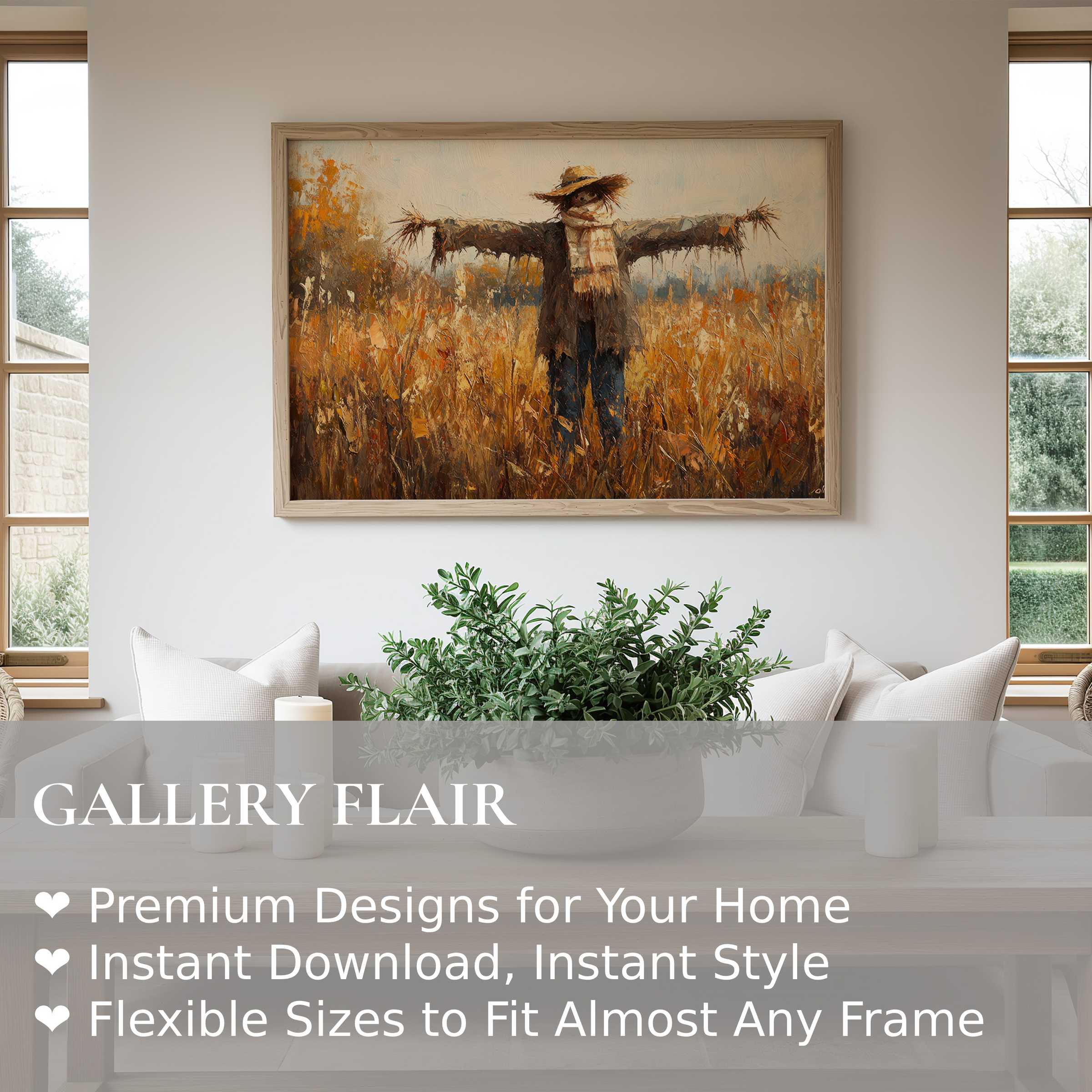 Fall wall art print featuring a radiant scarecrow amidst golden fields, enhancing serene modern farmhouse interiors with warm rustic charm