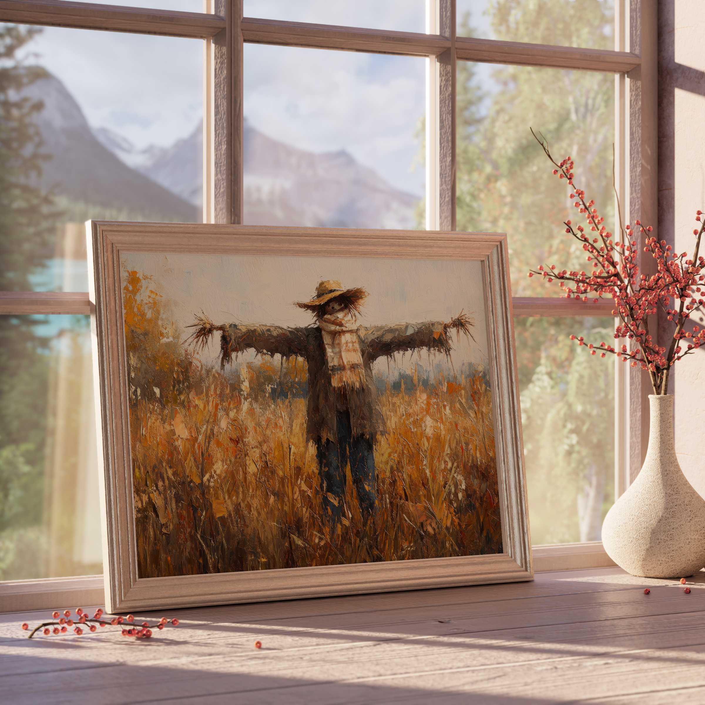 Fall downloadable art featuring a serene scarecrow in golden fields, adding warm, rustic charm to curated modern interiors