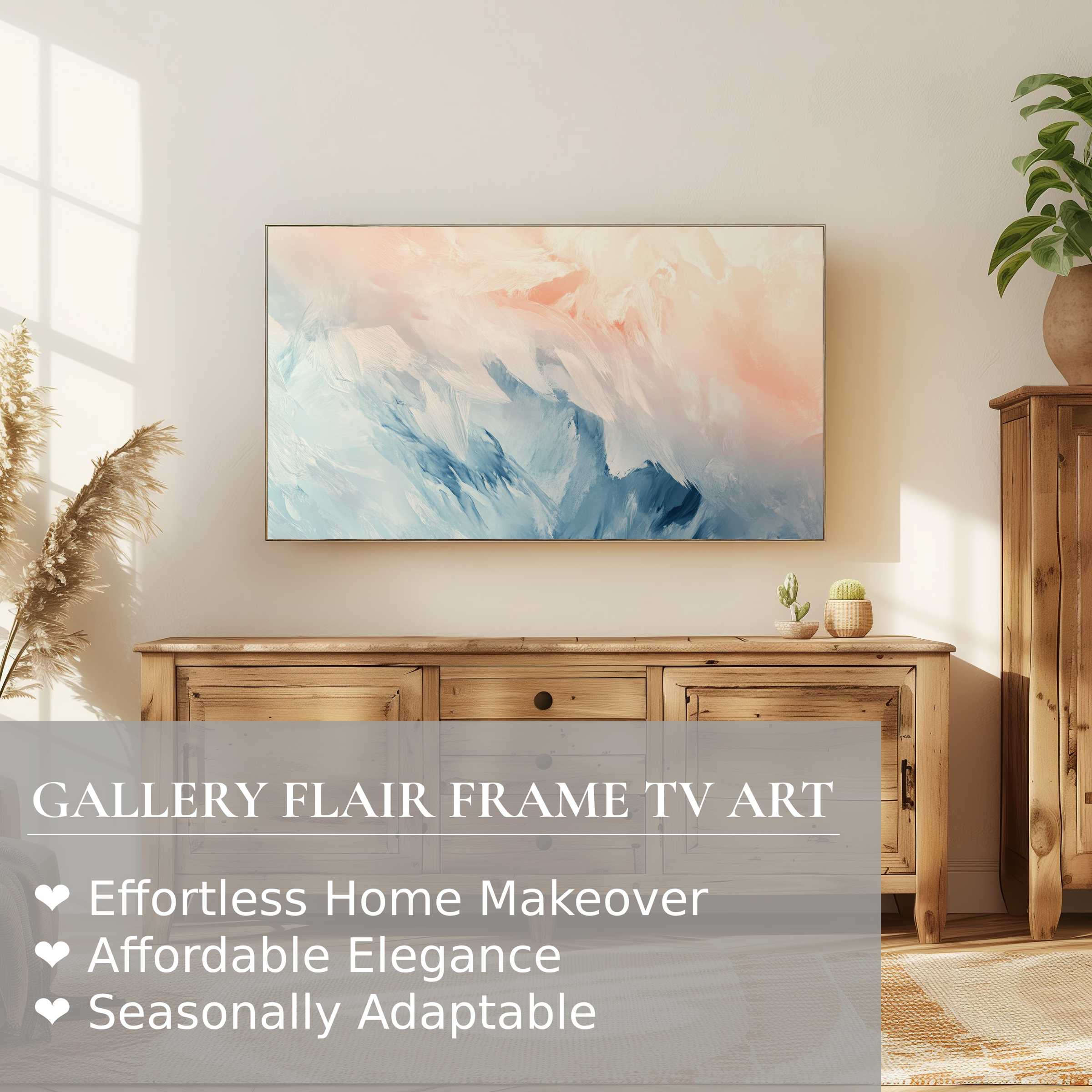 Samsung Frame TV displays serene abstract digital artwork in a minimal, sunlit room with natural wood accents