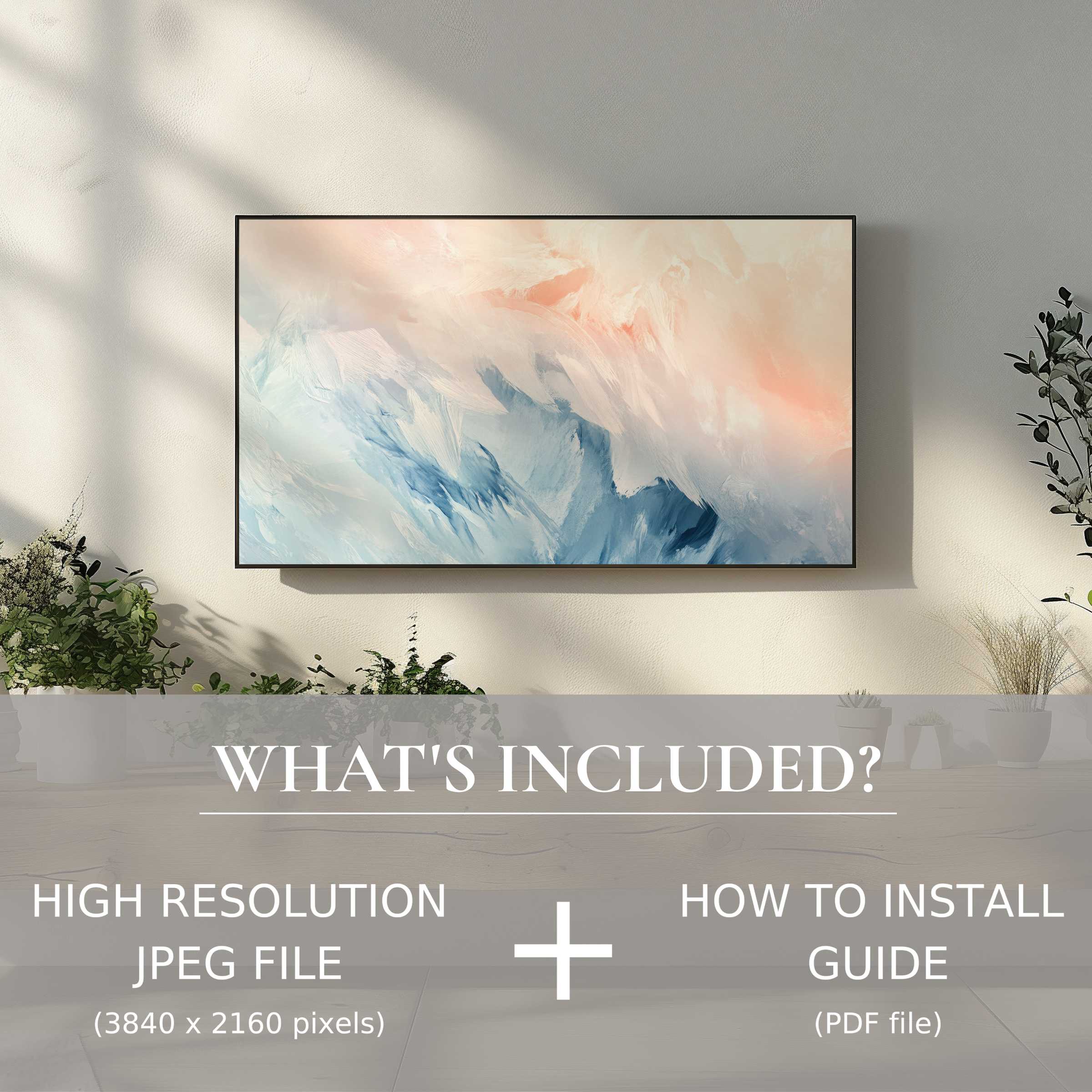 Elegant living room with abstract digital TV art download, easy digital use enhances modern décor ambiance