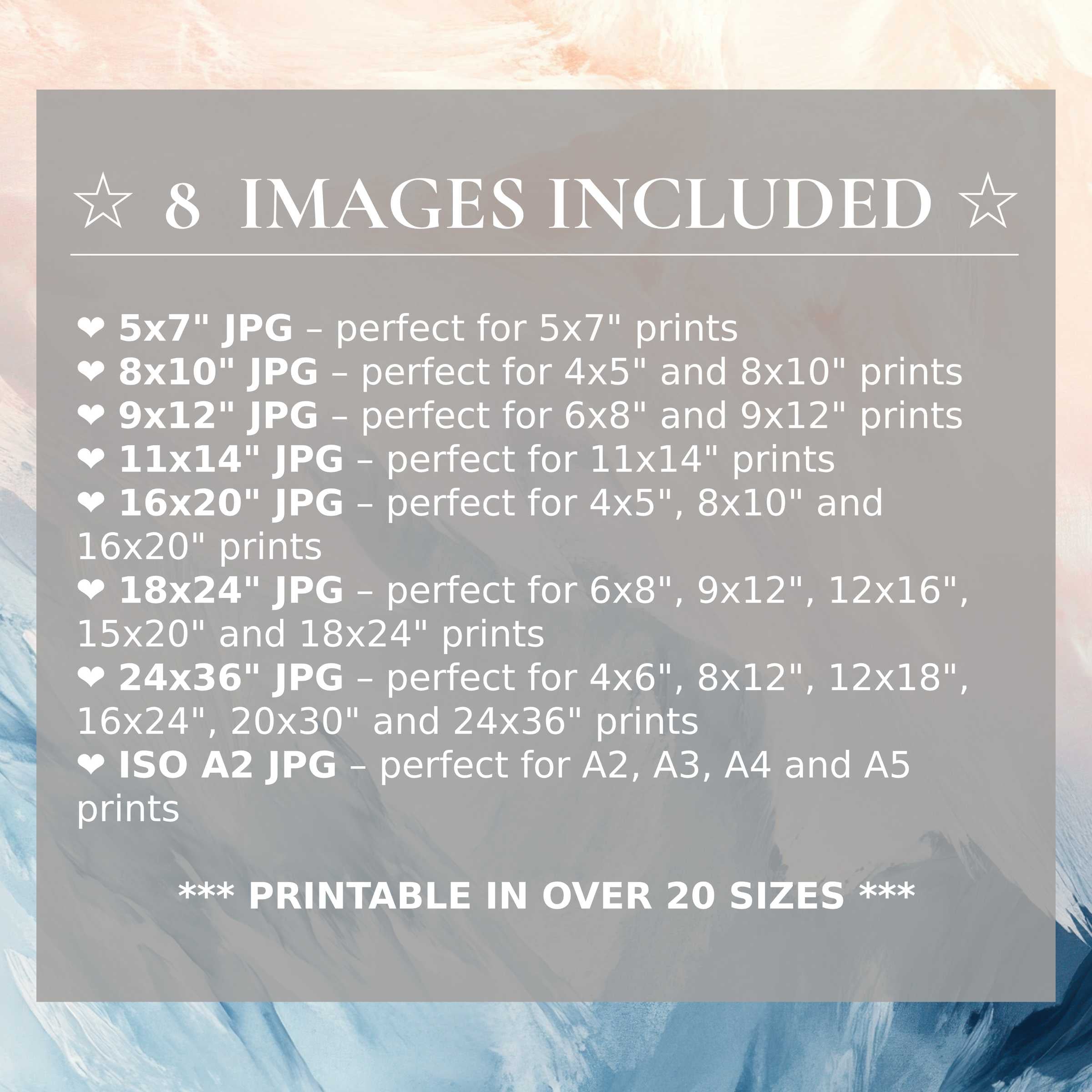 Radiant abstract digital print in soft blush and serene blue hues, delivering versatile elegance in 8 high-quality sizes included