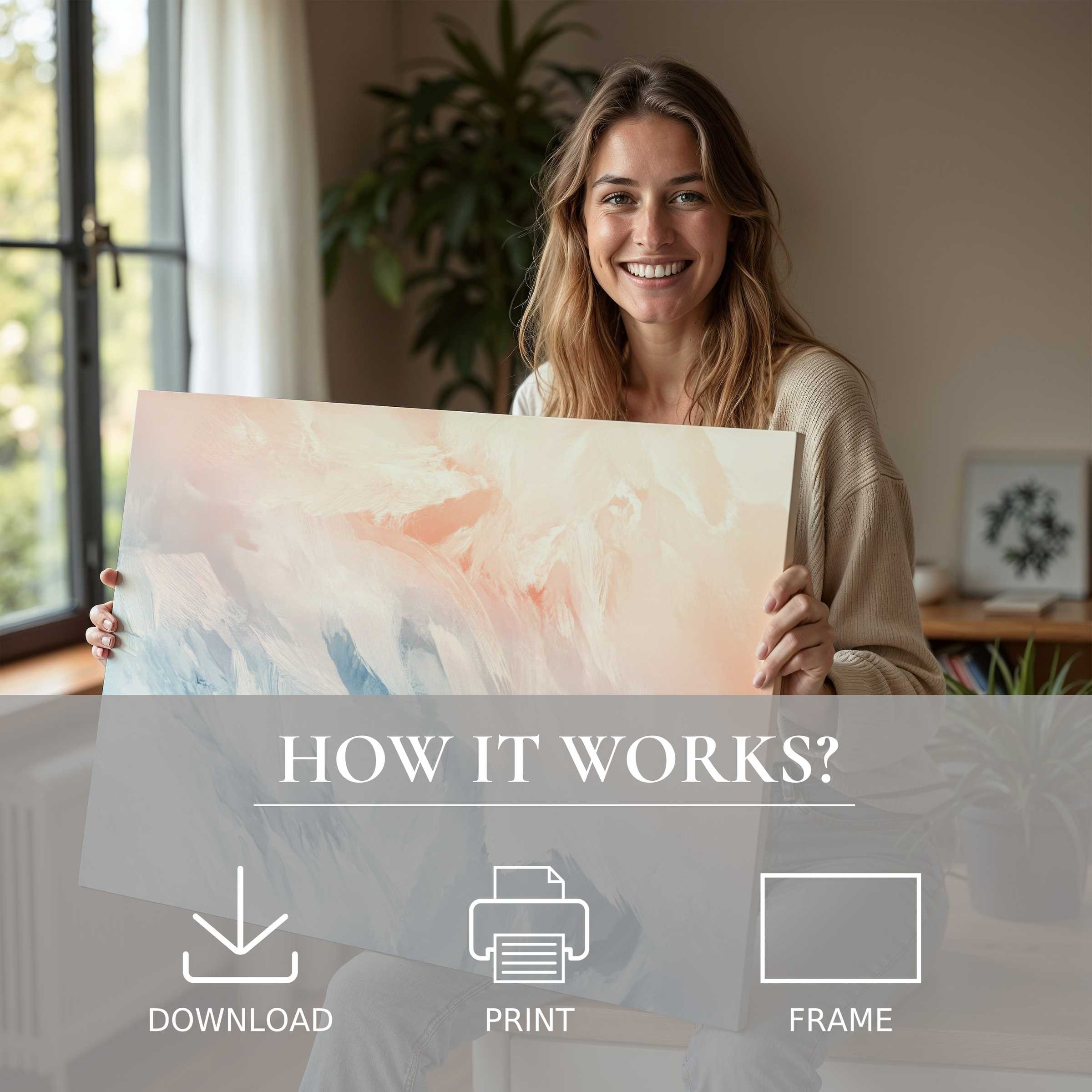 A radiant moment of joy captured as a woman embraces the effortless elegance of an abstract digital art print, embodying the seamless harmony of modern living with art’s transformative beauty