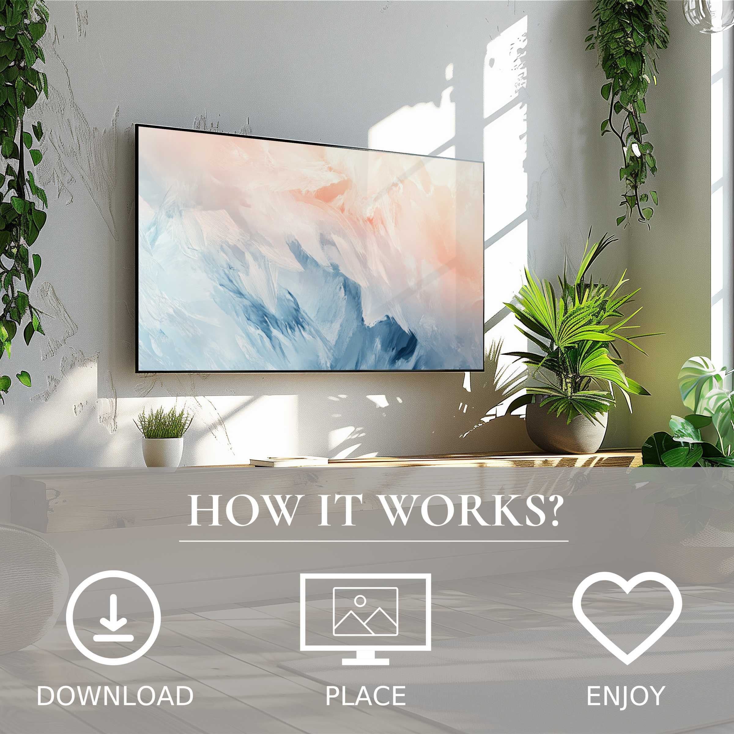 Abstract art for Samsung TV in soft sunset tones enhances modern living spaces with easy digital download and display