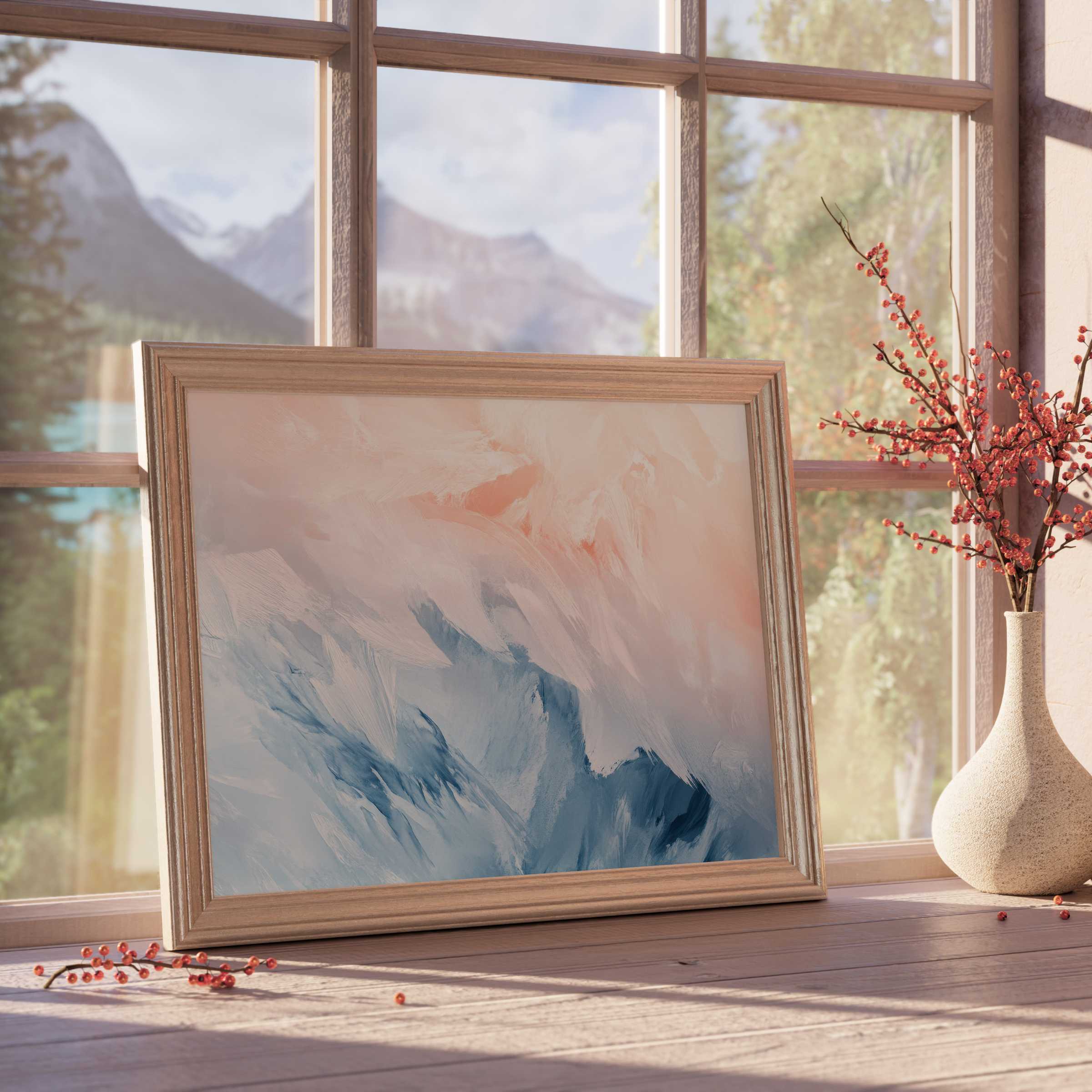 Serene abstract downloadable art blending soft blues and blush tones, elevating tranquil, design-forward interiors with refined elegance