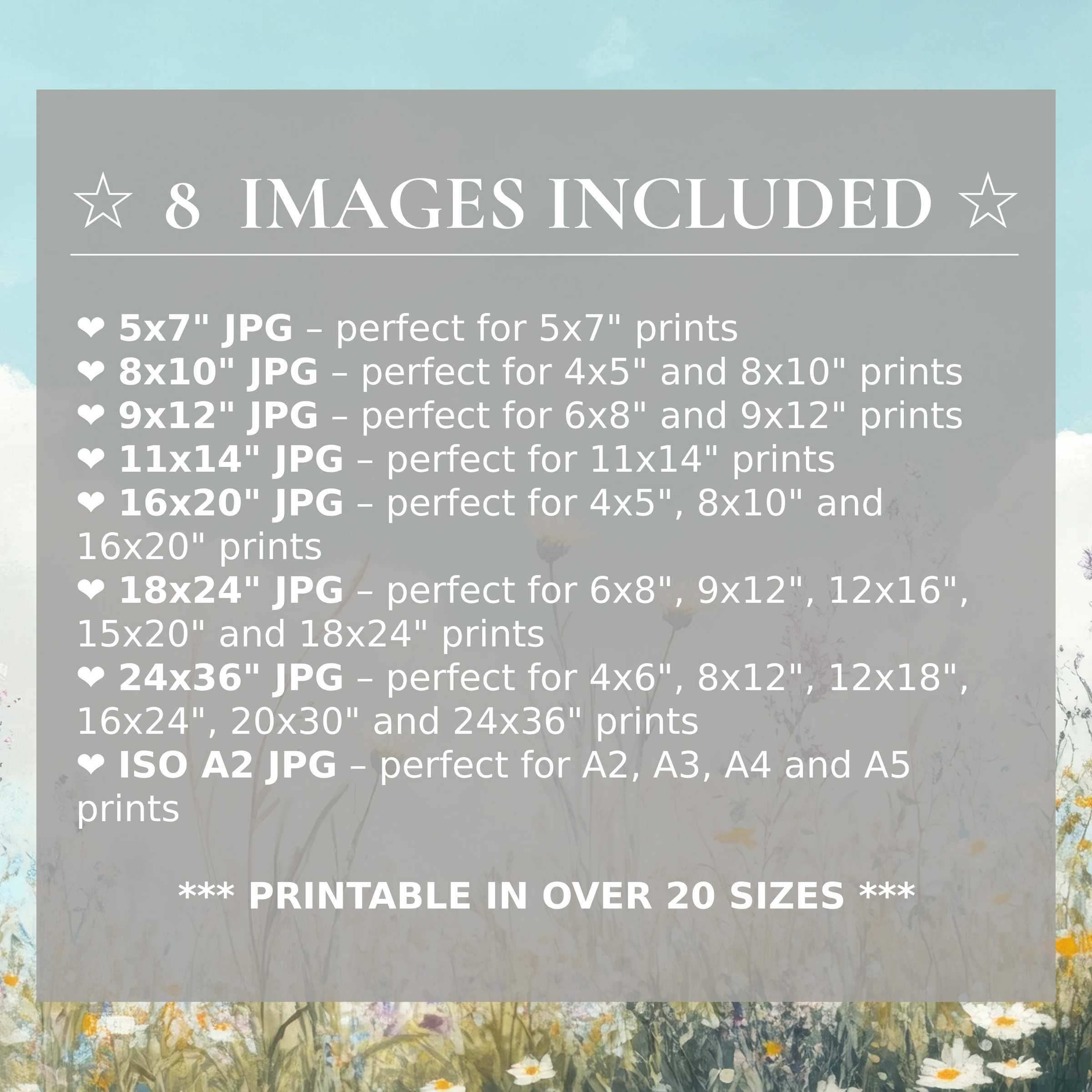 Radiant summer digital print in soft sky blue and wildflower hues, included in 8 high-quality sizes for versatile, elegant modern interiors