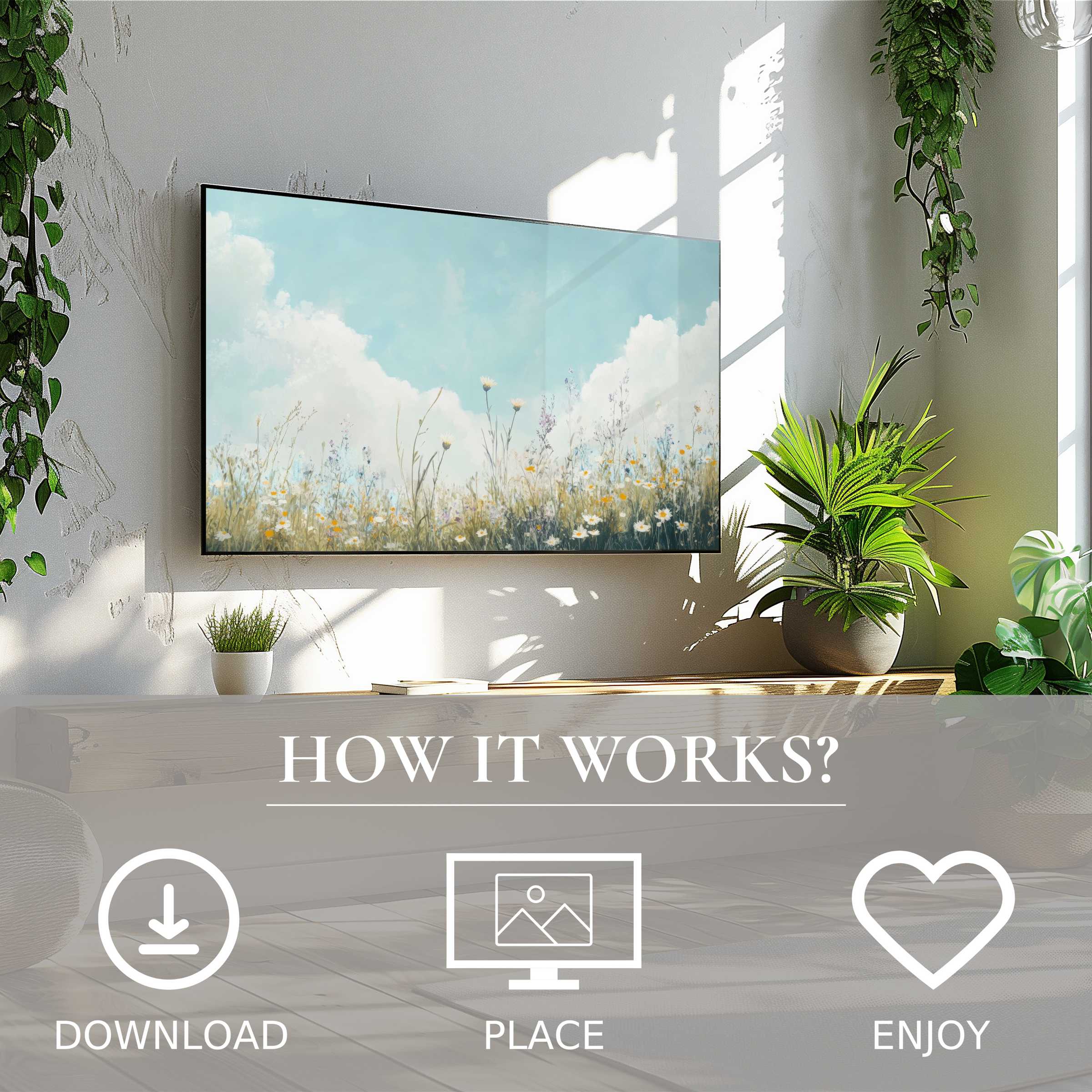 Summer art for Samsung TV shows soft sunset tones with wildflowers; easy digital download enriches modern living spaces