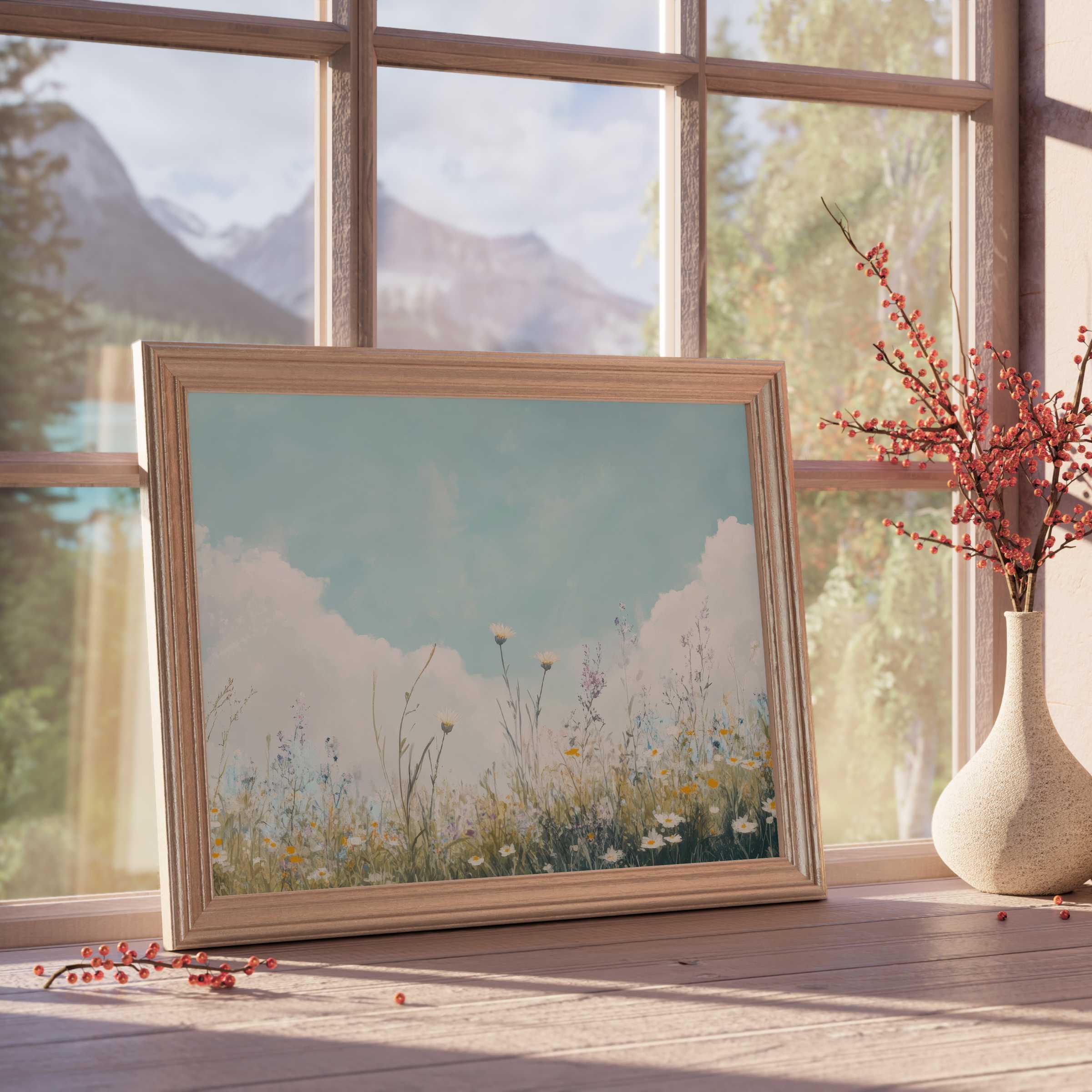 Summer downloadable art capturing serene wildflowers beneath soft clouds, elevating tranquil, curated interiors with natural elegance