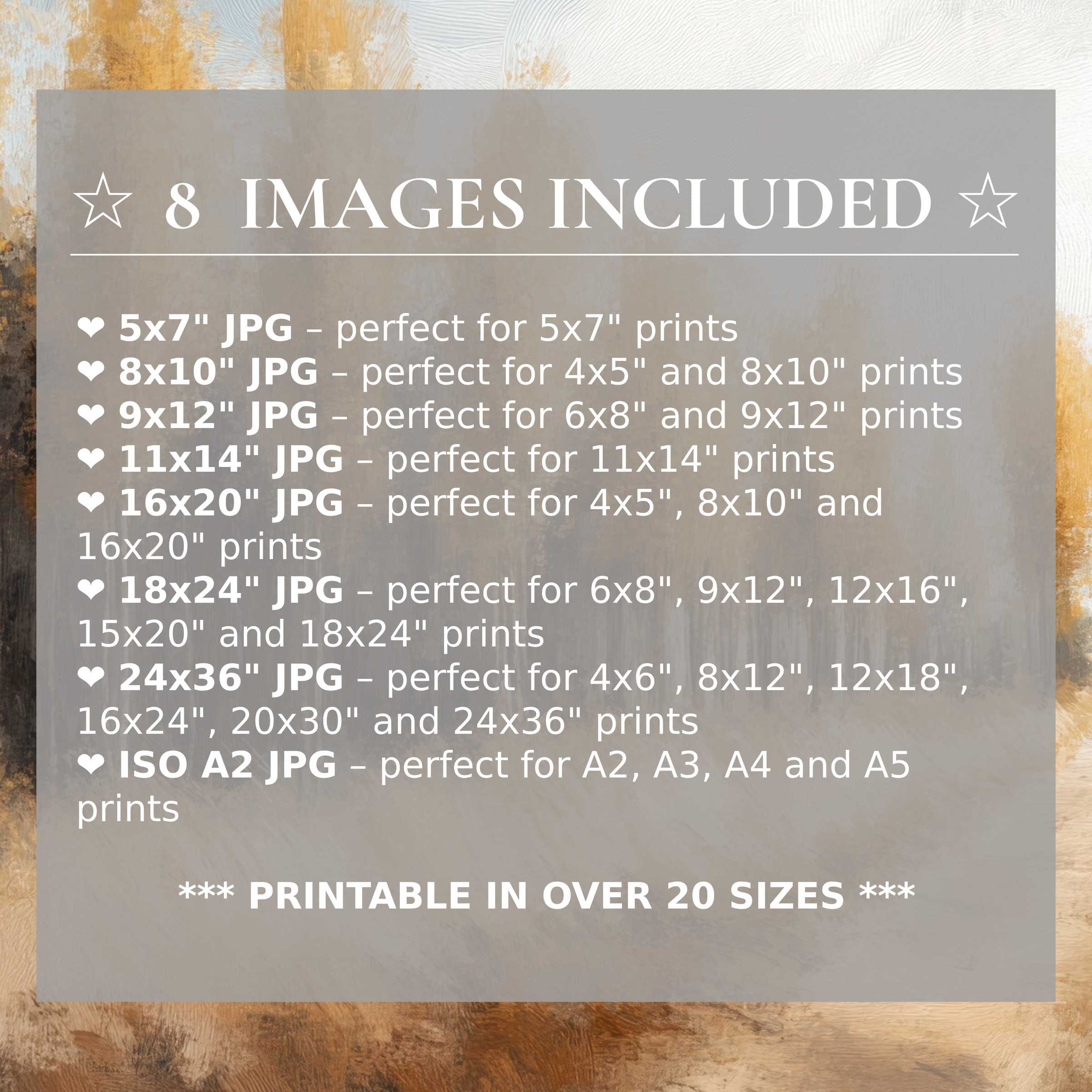 Print size guide showing 8 included JPG formats for versatile wall art printing – perfect for framing in popular sizes from 5x7 to 24x36 and A2