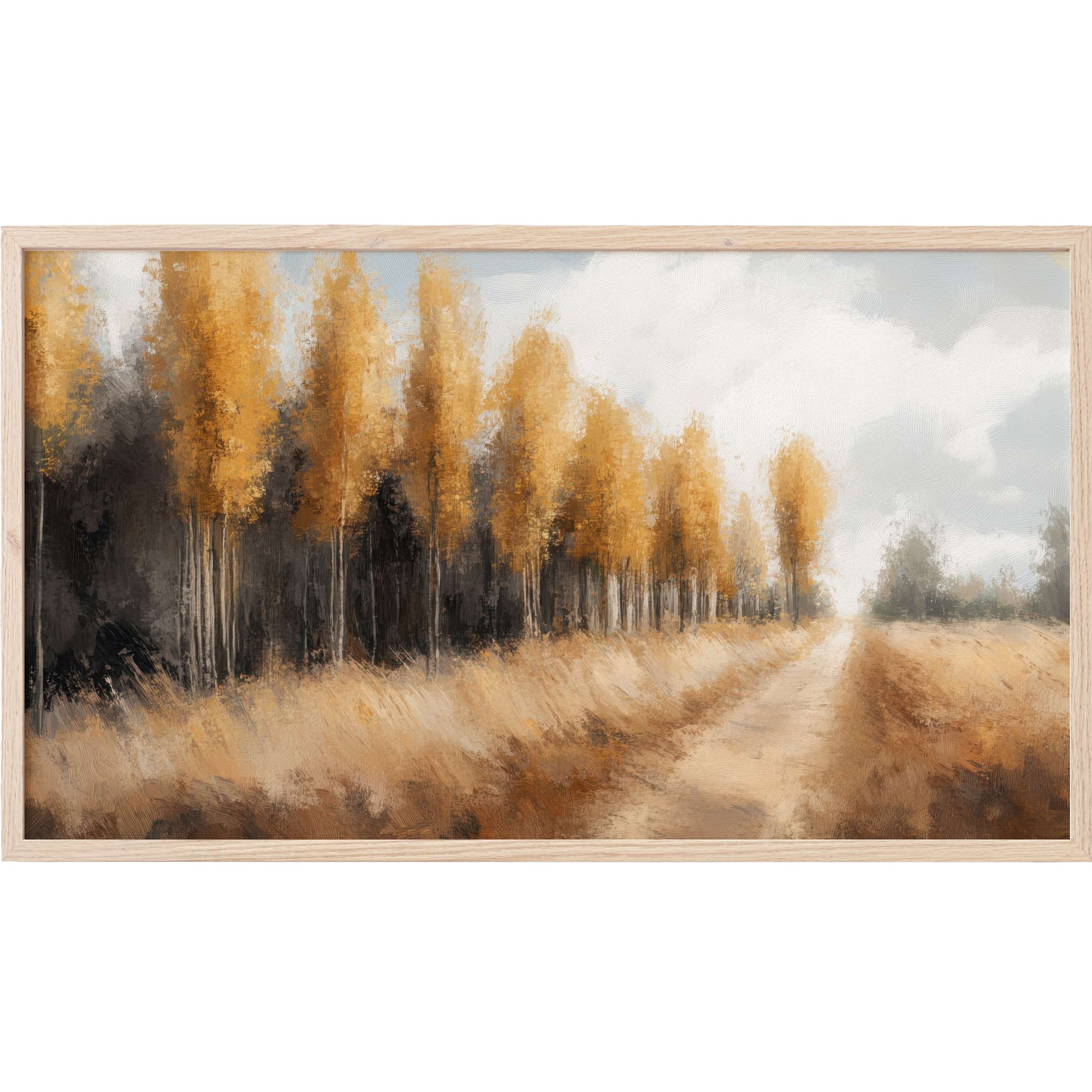Elegant autumn landscape with golden trees and soft sky in muted tones, perfect tree Frame TV Art for modern decor
