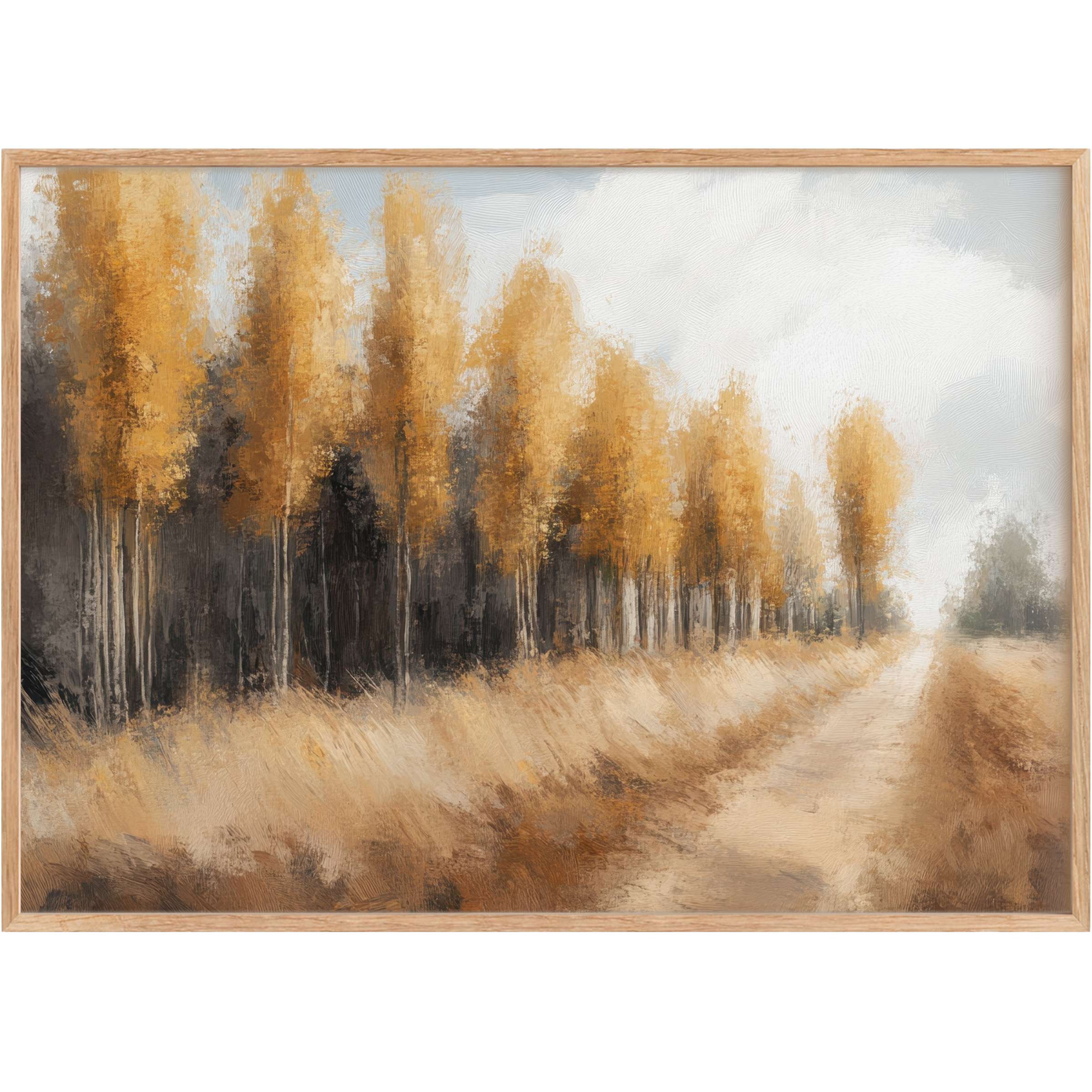 Golden-hued tree printable wall art evokes a serene autumnal walk, blending warm ambers and soft earth tones for a calming, elegant vibe