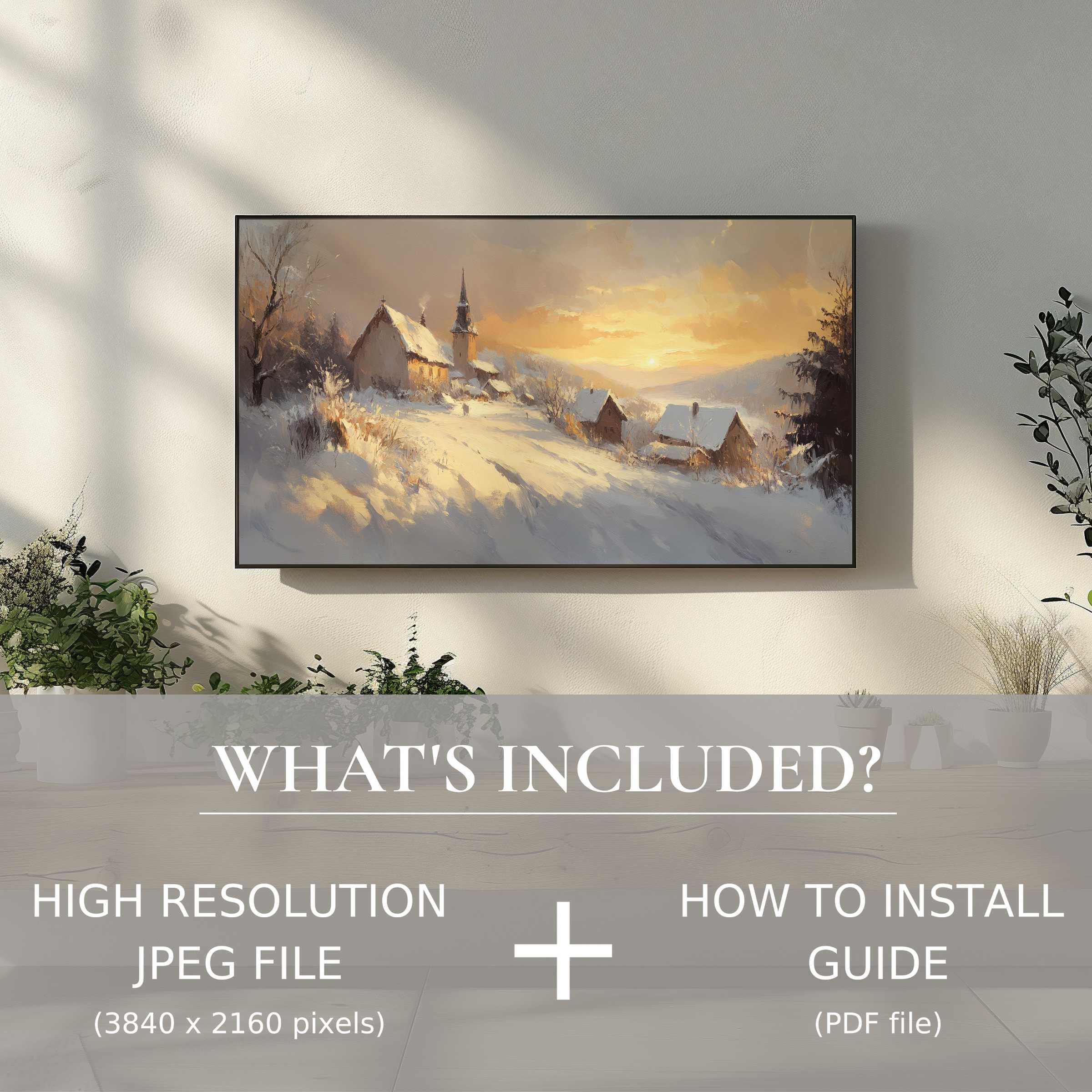 Winter digital TV art download showcasing a serene snowy village, effortlessly elevating living spaces with elegant ease