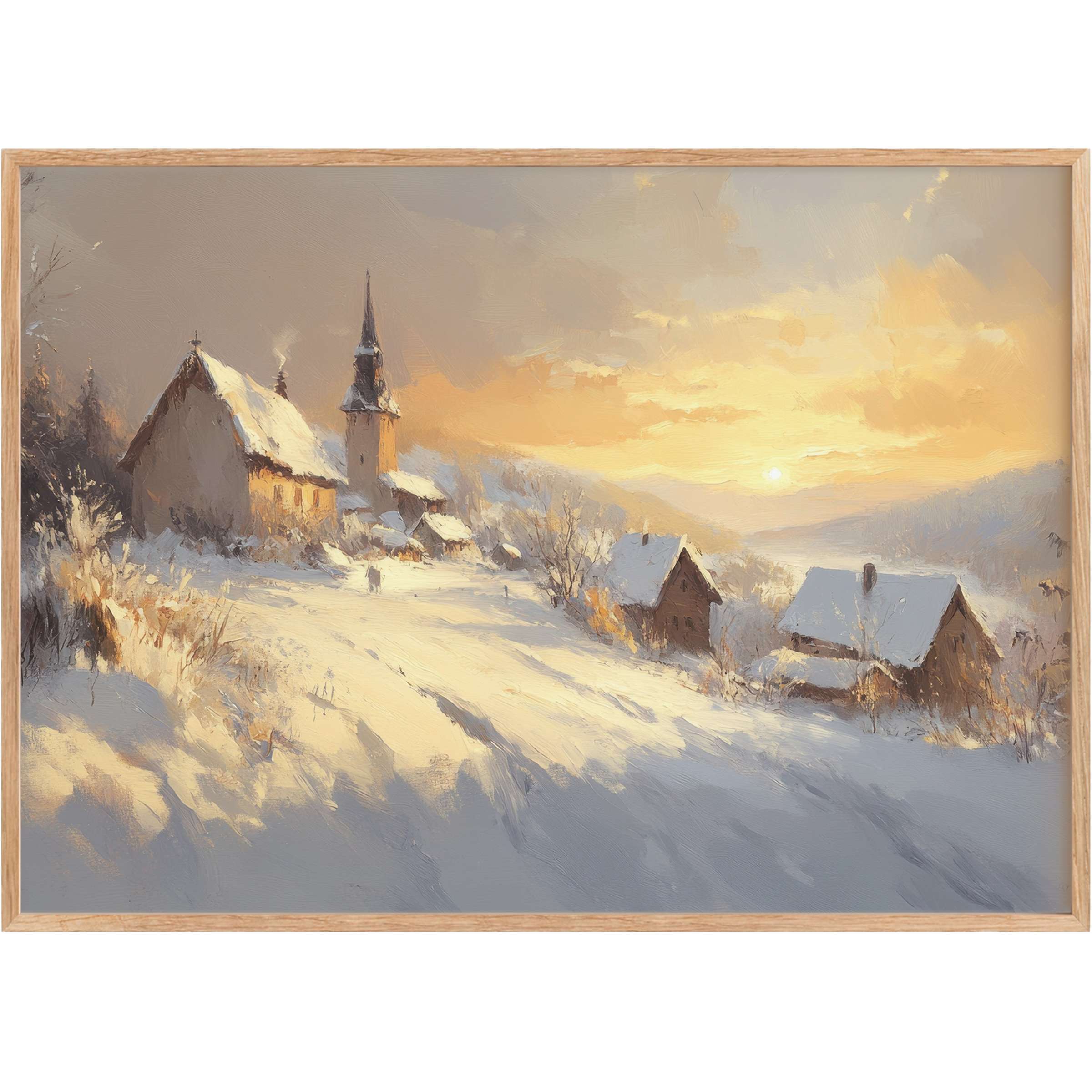 Winter printable wall art capturing a serene village sunset in soft golds and frosty whites, evoking calm and warmth