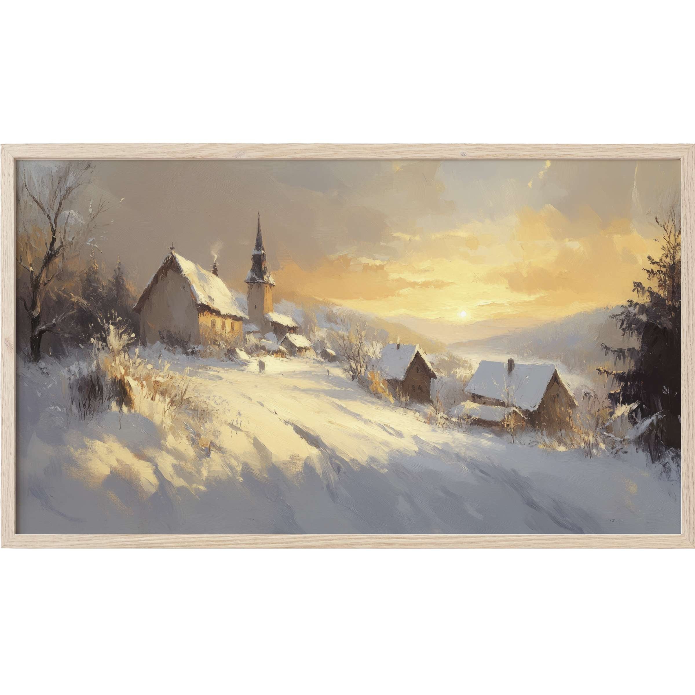 Winter Frame TV Art depicts a snowy village at sunset with warm golden light and soft, textured brushstrokes