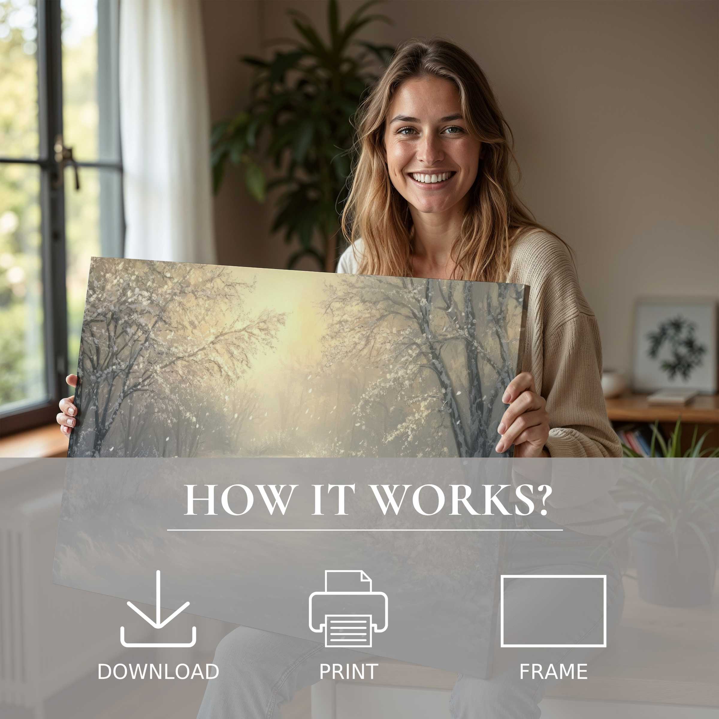 Joyful moment of art transforming a serene home space, showcasing a Christmas digital art print’s warm, inviting glow