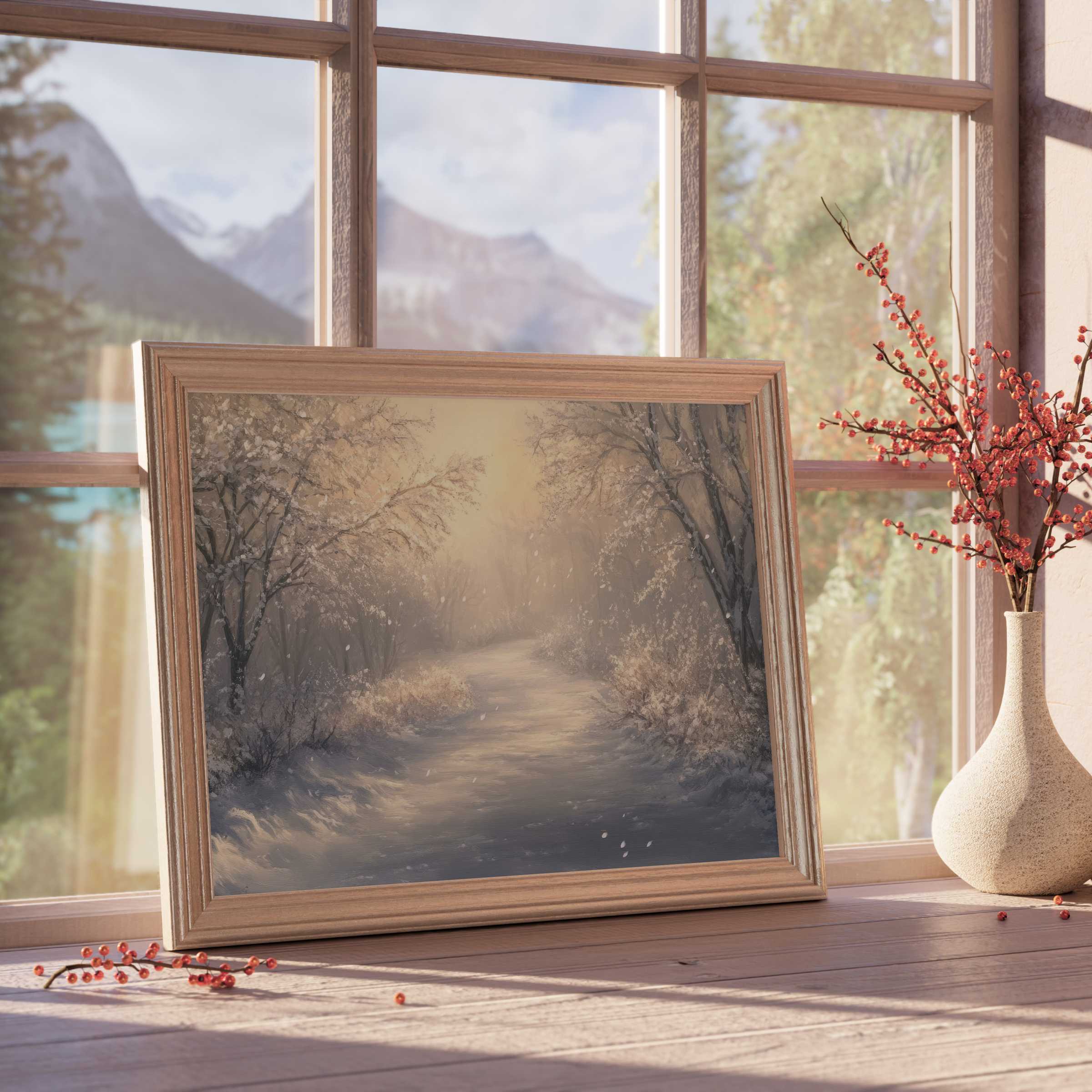 Golden-hued Christmas downloadable art depicting a serene snowy forest path, elevating tranquil, curated interiors with warm, elegant charm