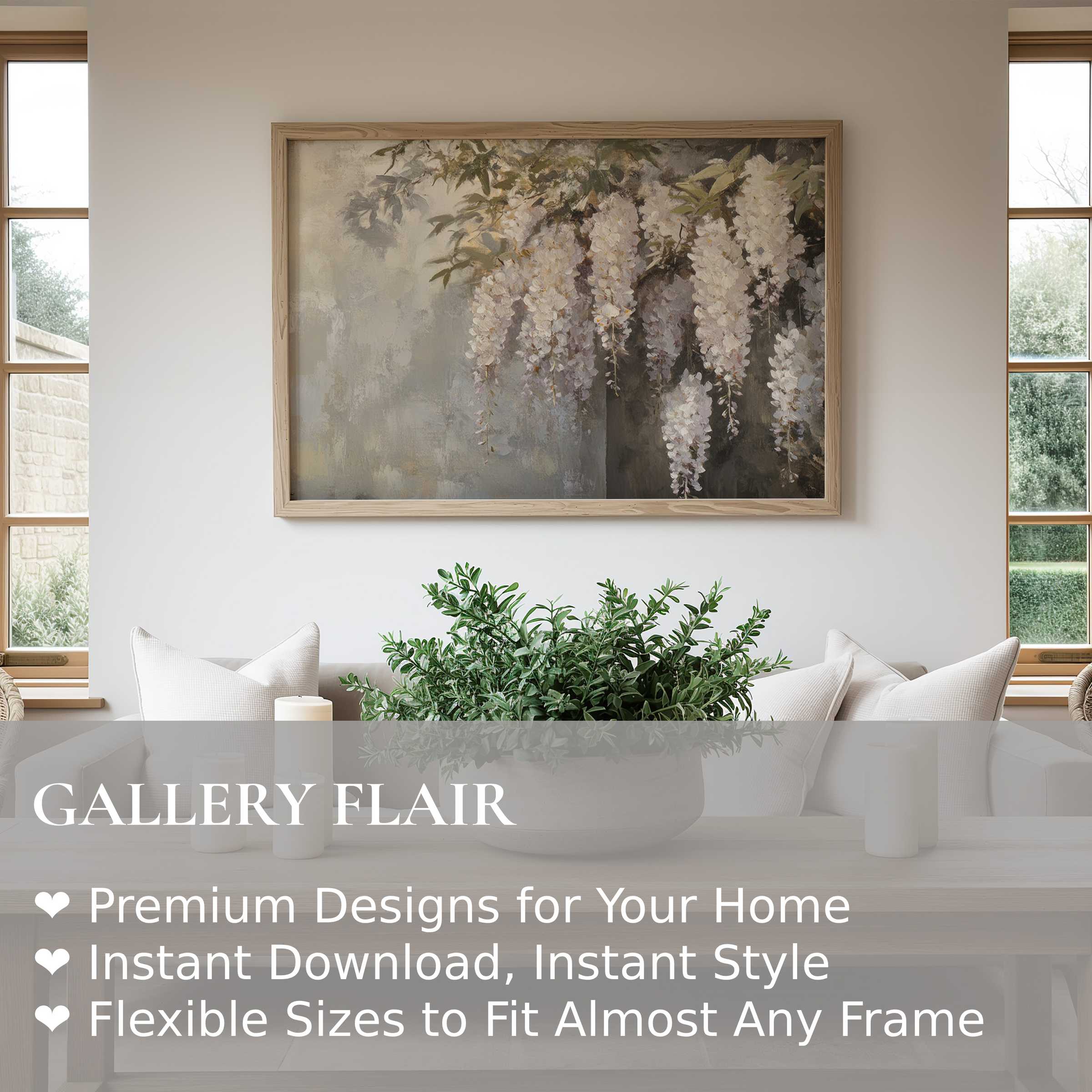 Botanical wall art print with soft cascading wisteria blooms in a serene modern farmhouse setting, enhancing calm elegance