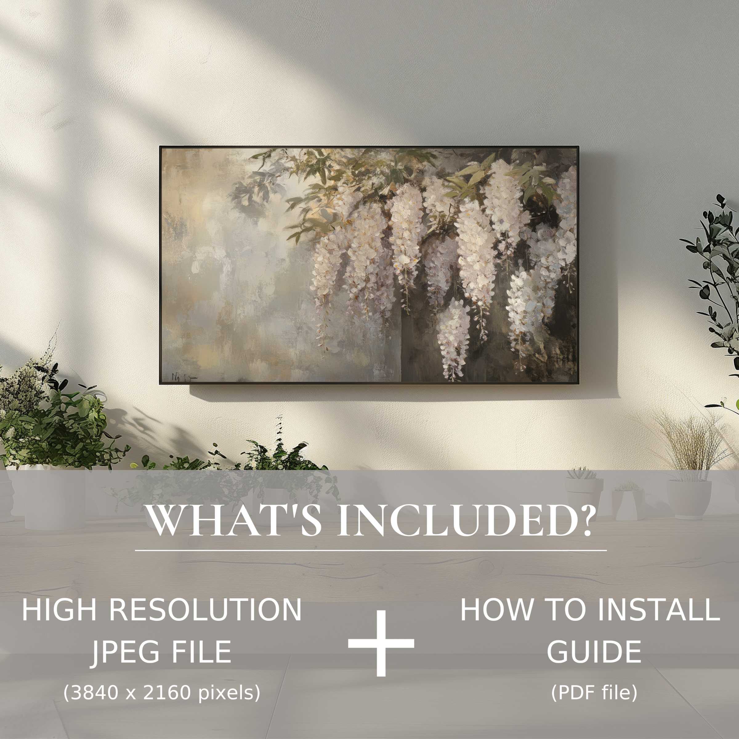 Elegant botanical digital TV art download beautifies any modern living space with easy, high-res digital use and style