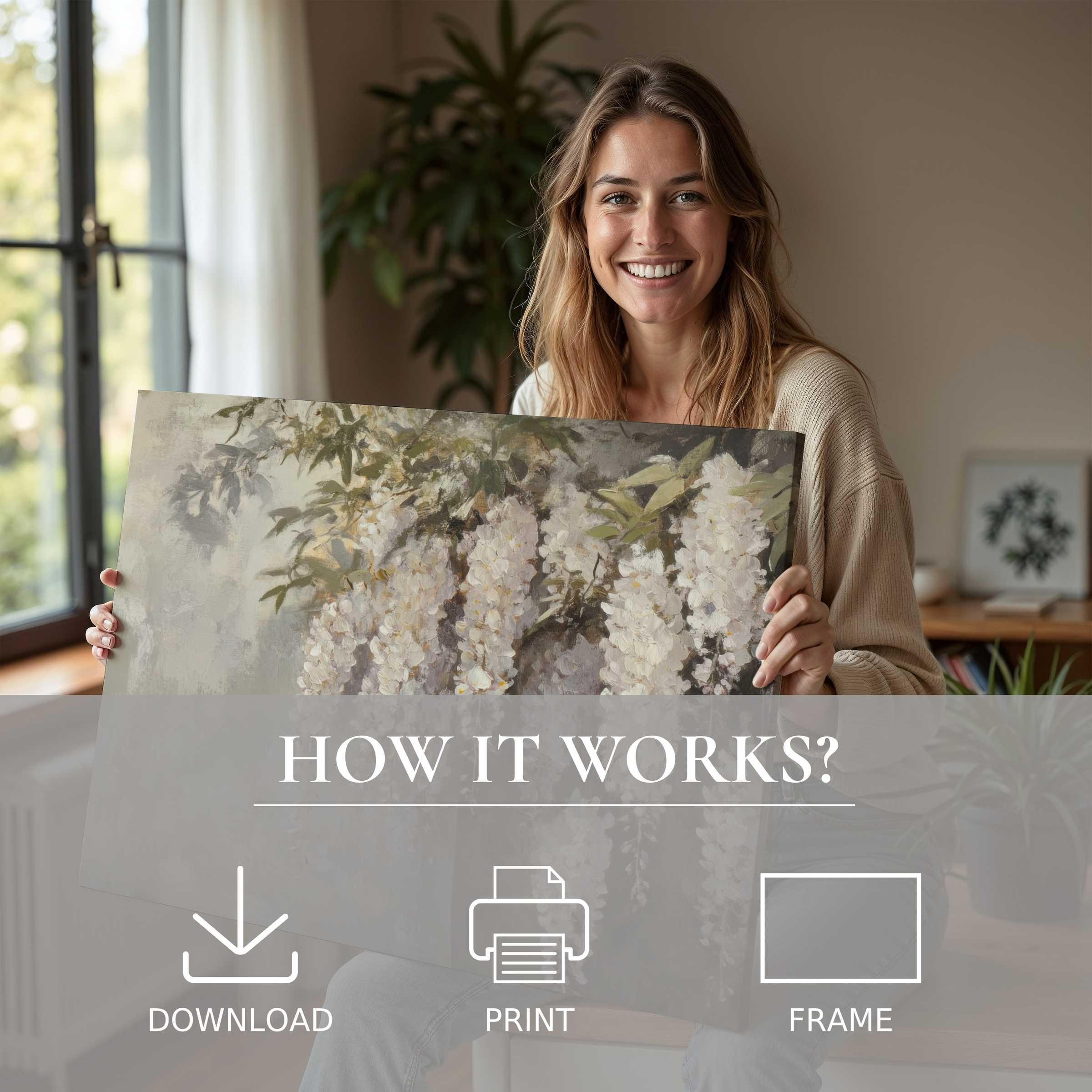 A joyful moment captured as a woman embraces a botanical digital art print, infusing her modern home with natural elegance and effortless style