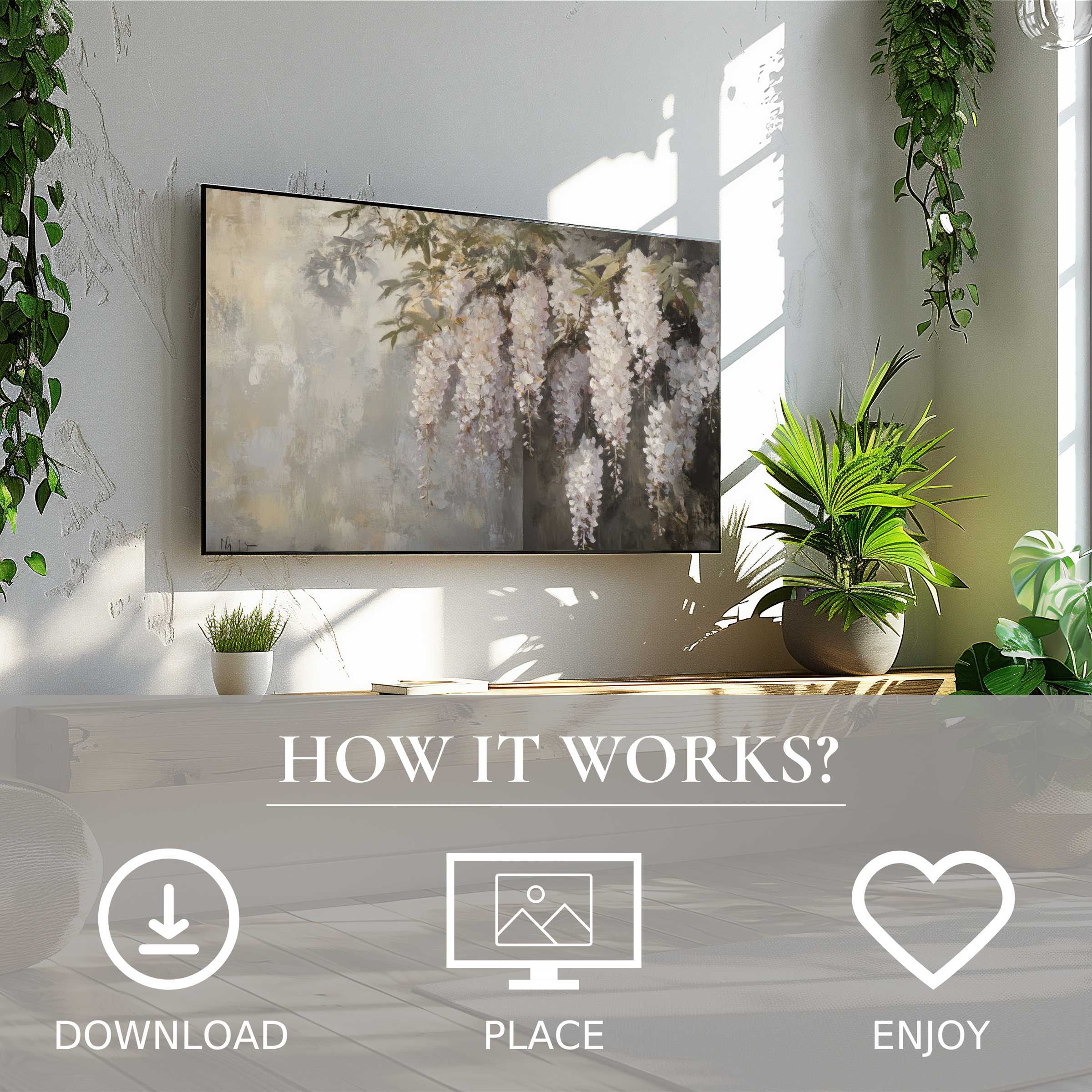 Botanical art for Samsung TV: soft cascading blooms in muted hues, easy digital download enriches minimalist living spaces