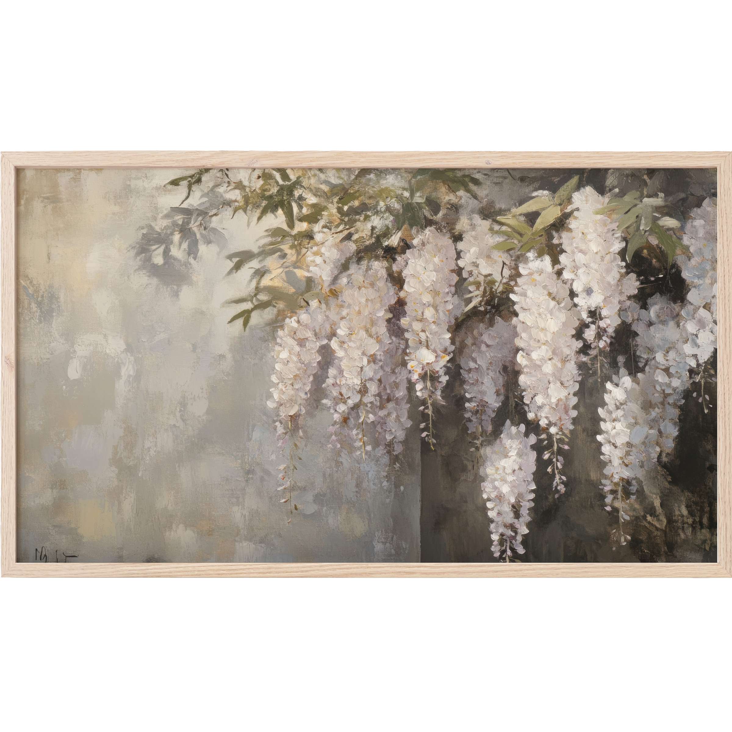 Elegant botanical Frame TV Art with soft white blooms and muted greens in a refined, impressionistic style