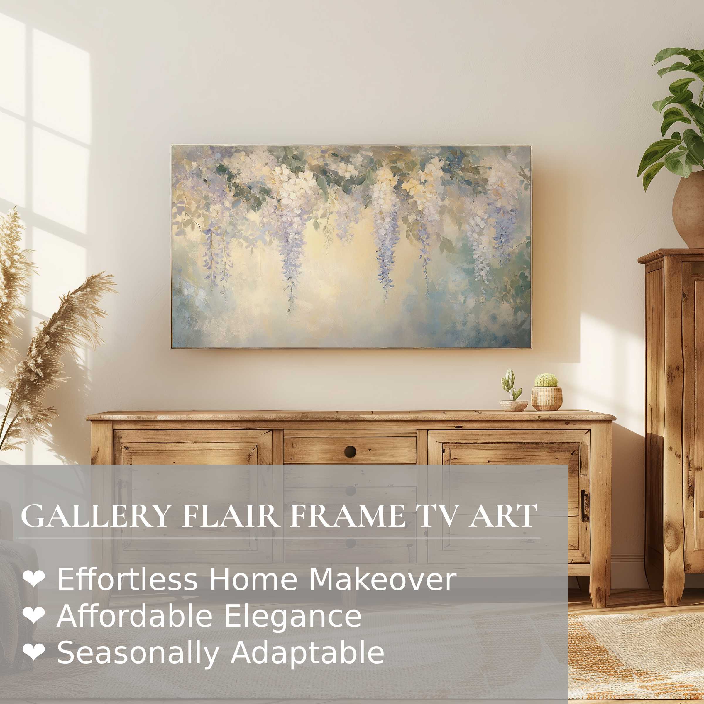 Elegant vintage digital artwork of cascading wisteria on Samsung Frame TV in a warm, modern living space
