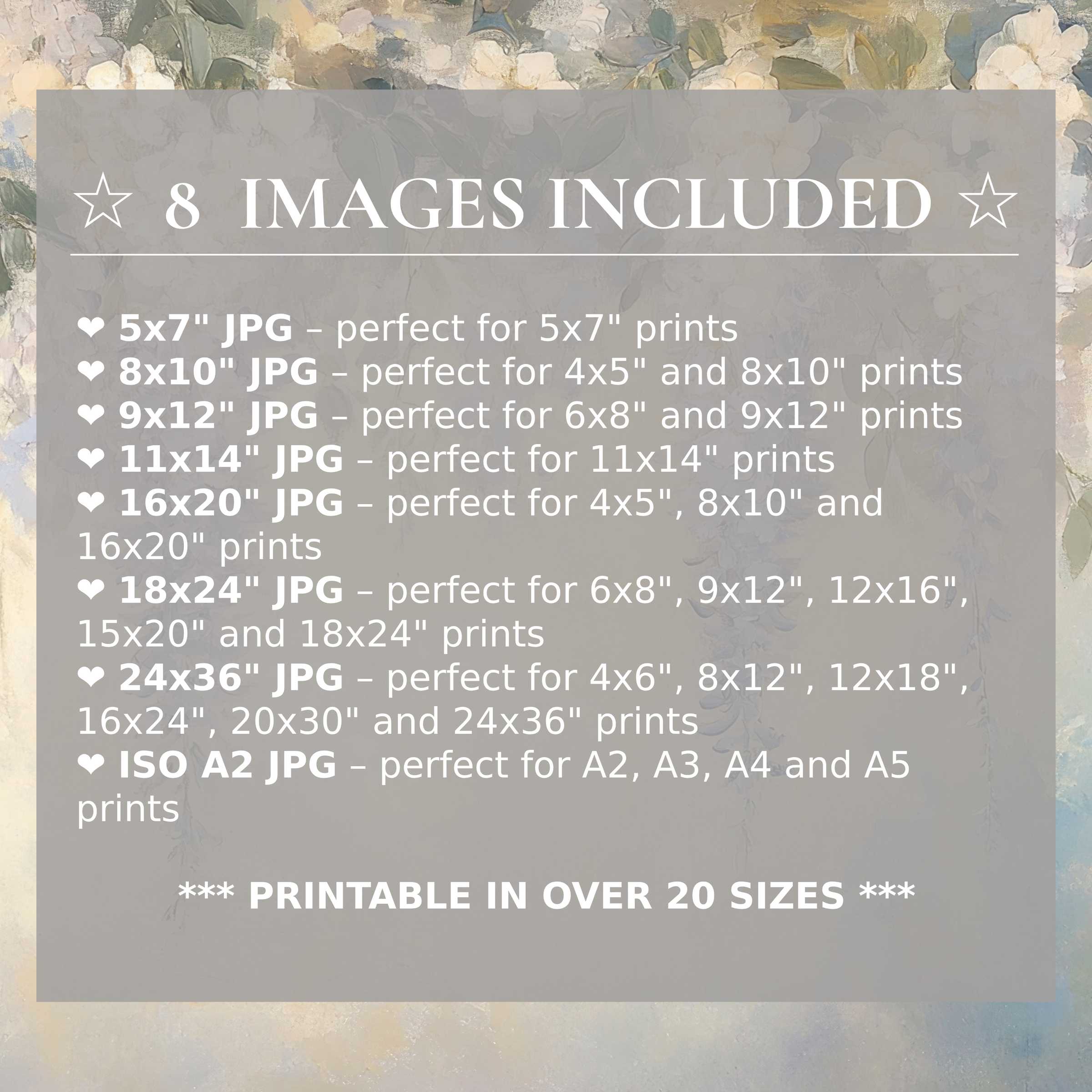 Vintage digital print blending soft blues, creams, and muted greens for a calming, elegant ambiance Includes 8 high-quality sizes