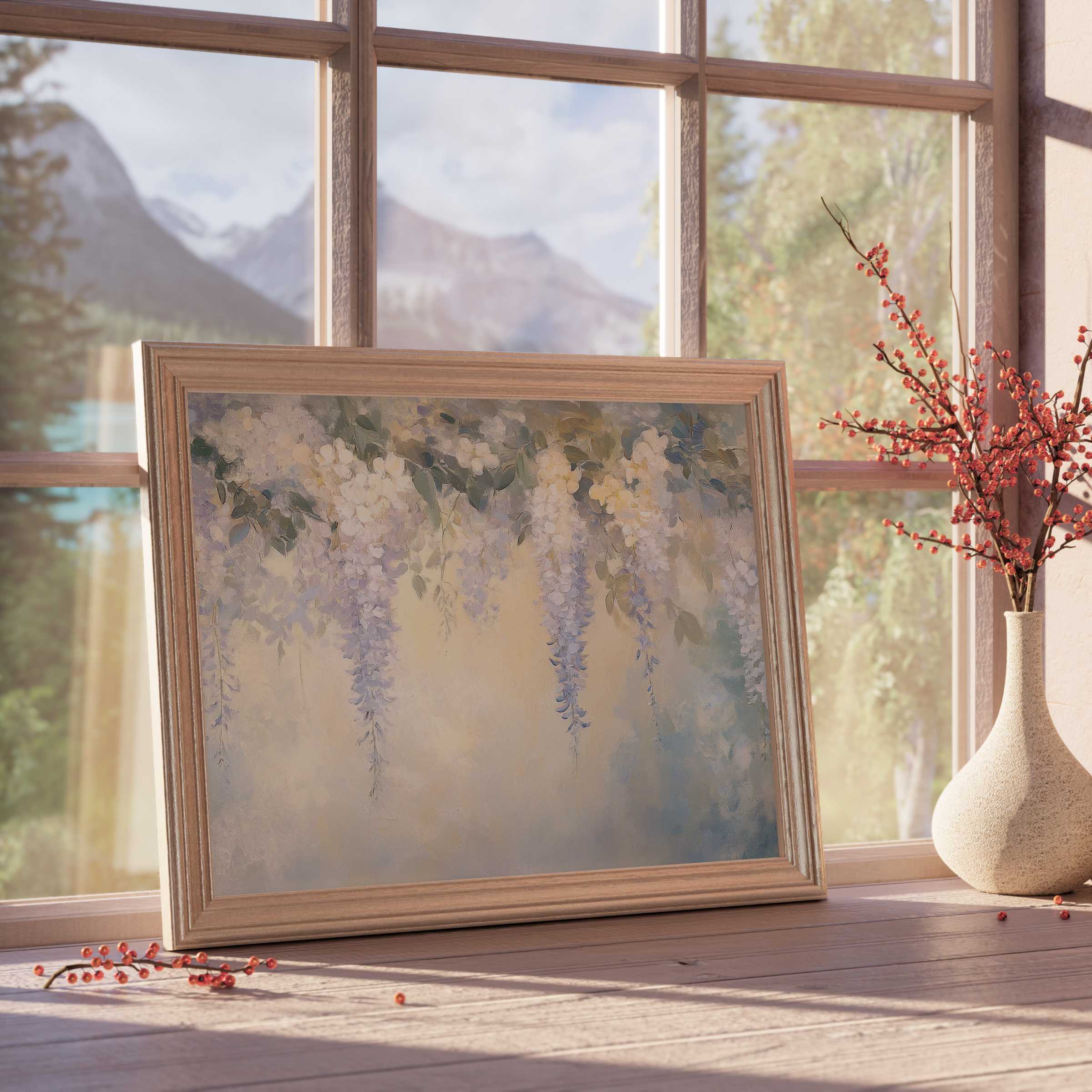 Vintage downloadable art of cascading wisteria blooms in muted pastels, elevating serene, curated interiors with timeless elegance