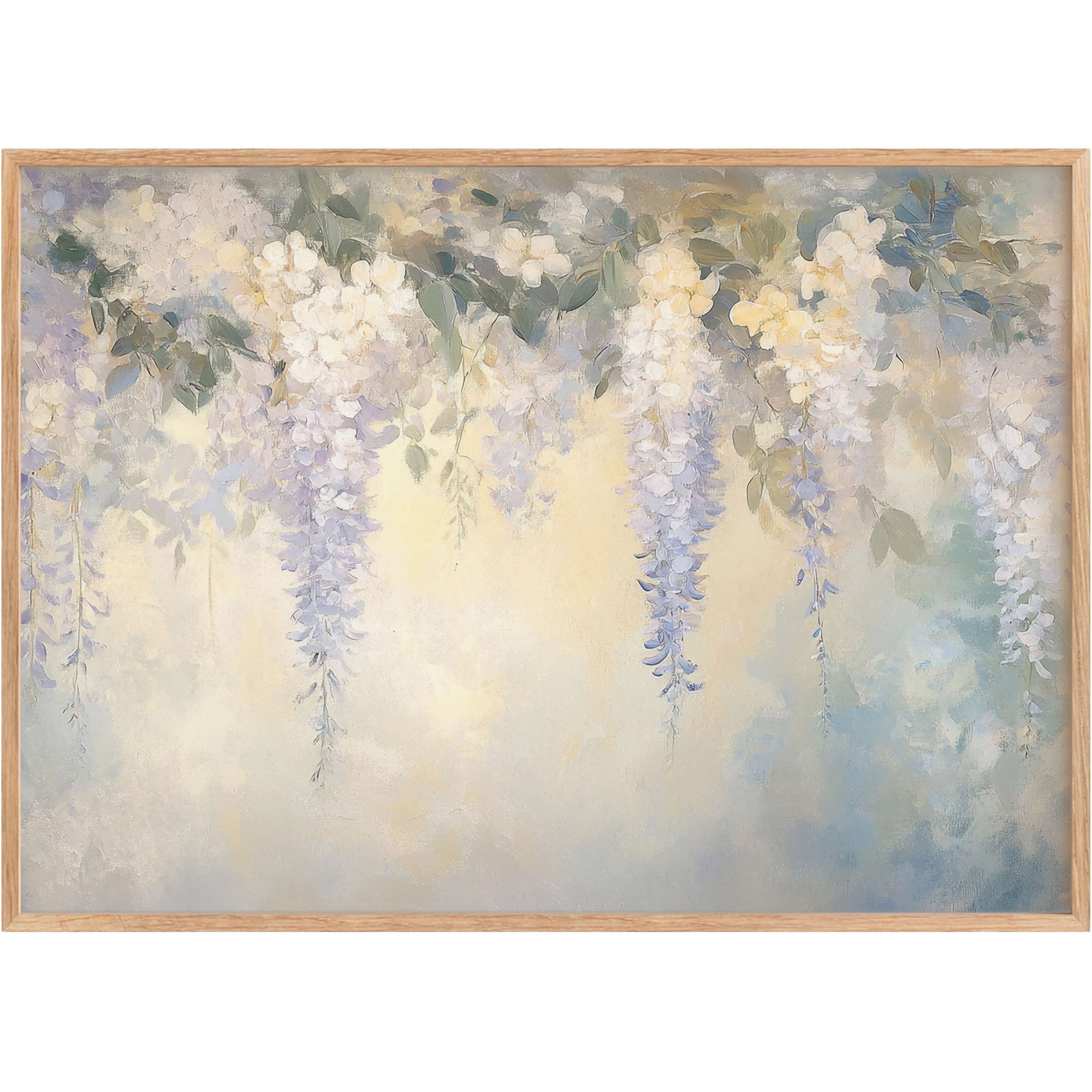 Elegant vintage printable wall art featuring cascading wisteria in soft lavender and cream, evoking a serene, timeless ambiance