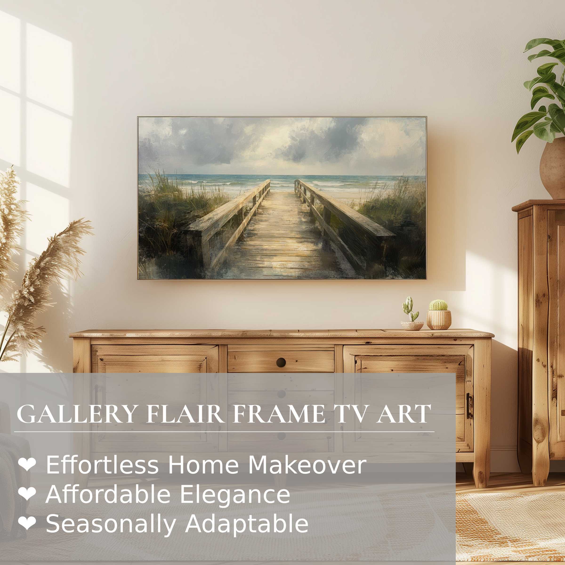 Samsung Frame TV displaying serene beach digital artwork in a modern, sunlit room with natural wood decor