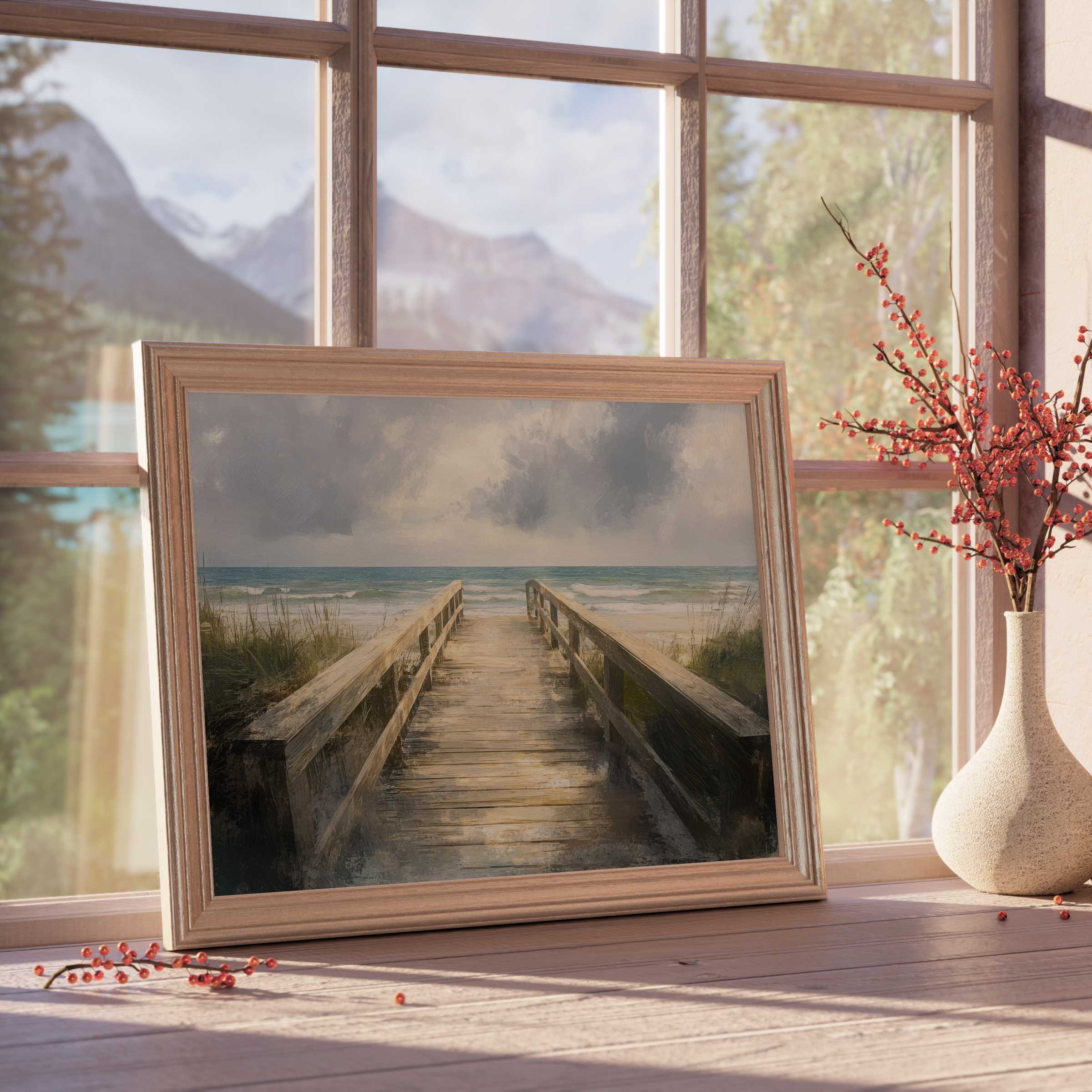 Tranquil beach downloadable art featuring a sunlit boardwalk to serene waves, perfect for curated, elegant coastal interiors