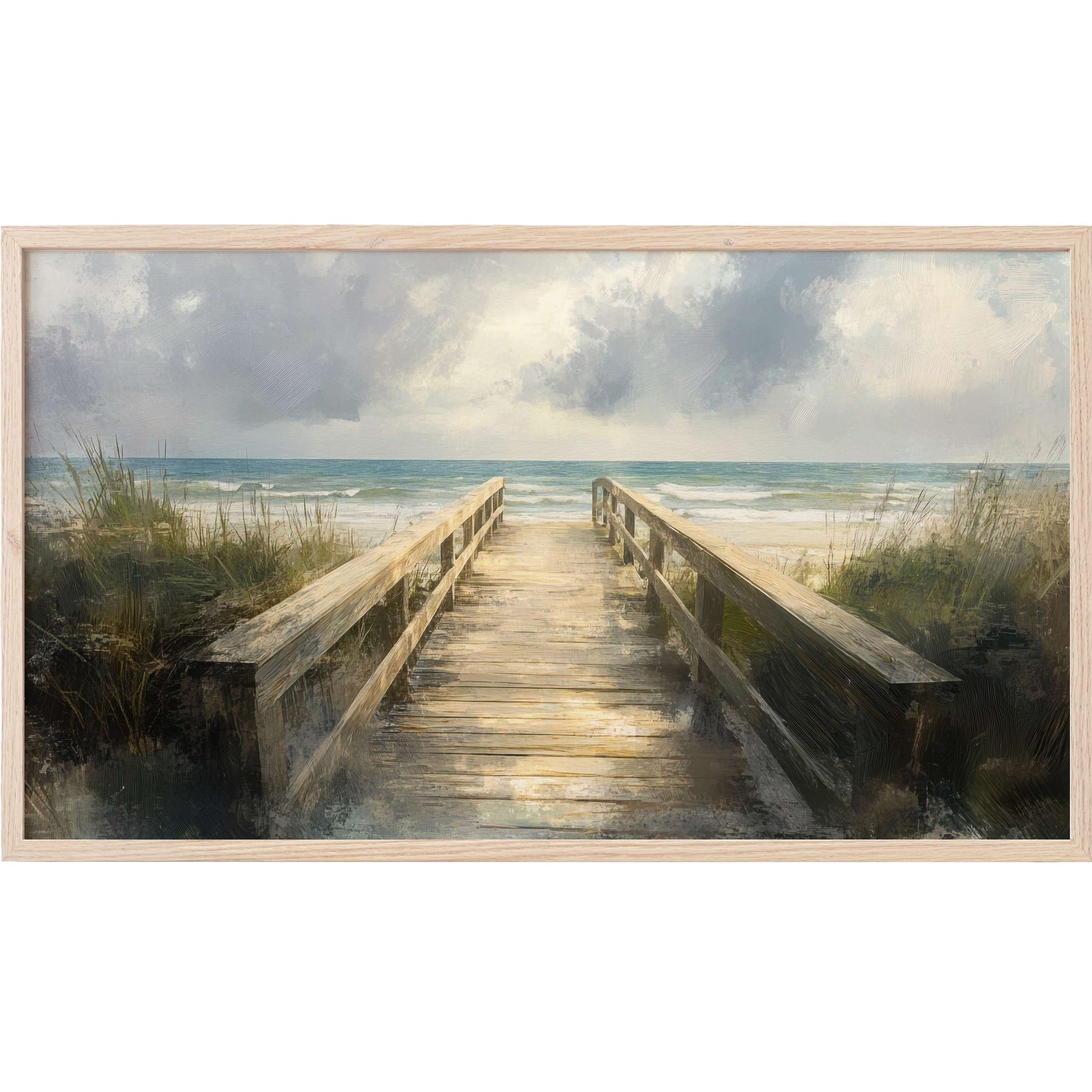 Serene wooden boardwalk to ocean under soft gray skies with muted tones, a calming beach Frame TV Art scene
